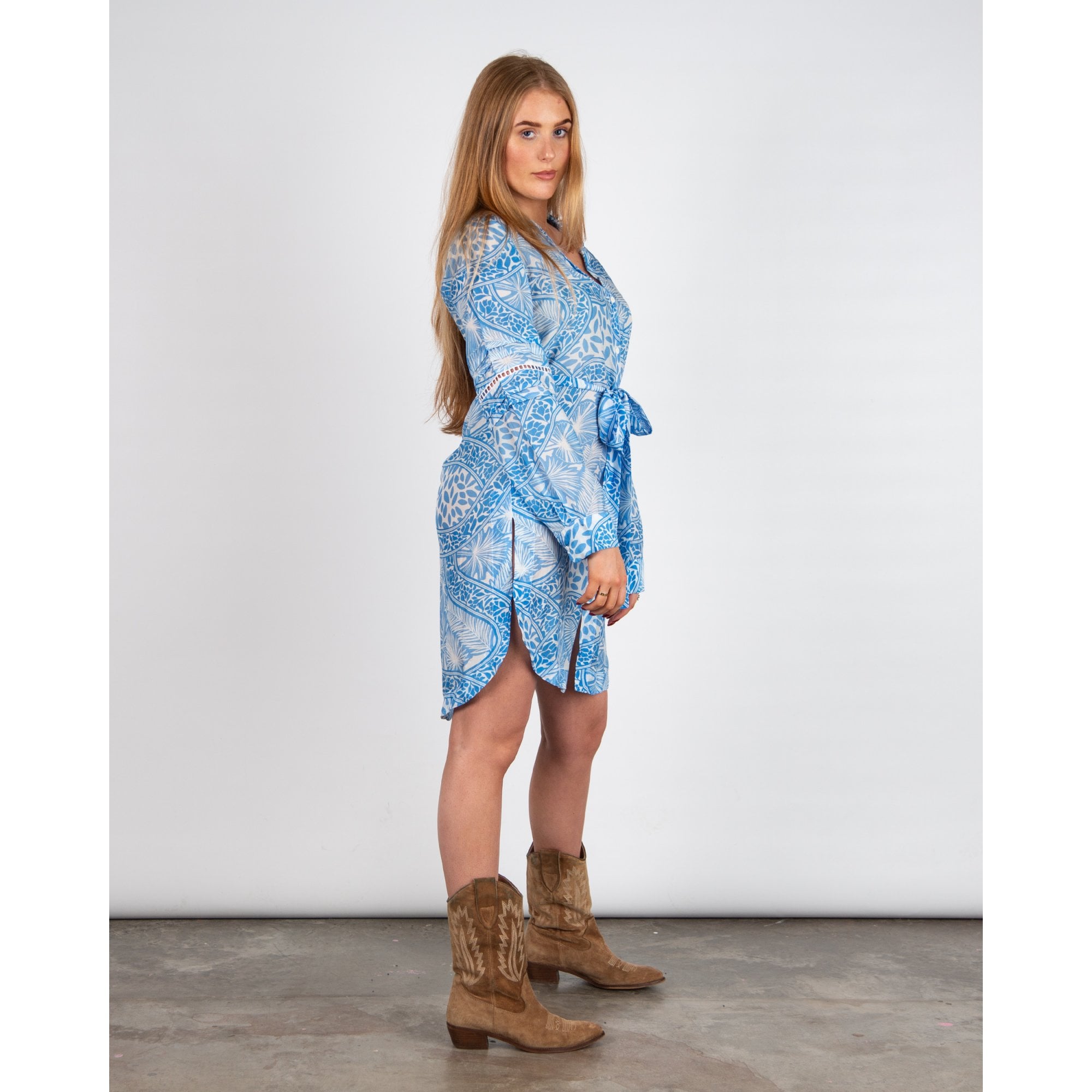 Pranella Uno Palm Print Oversized Belted Shirt Dress Blue/white