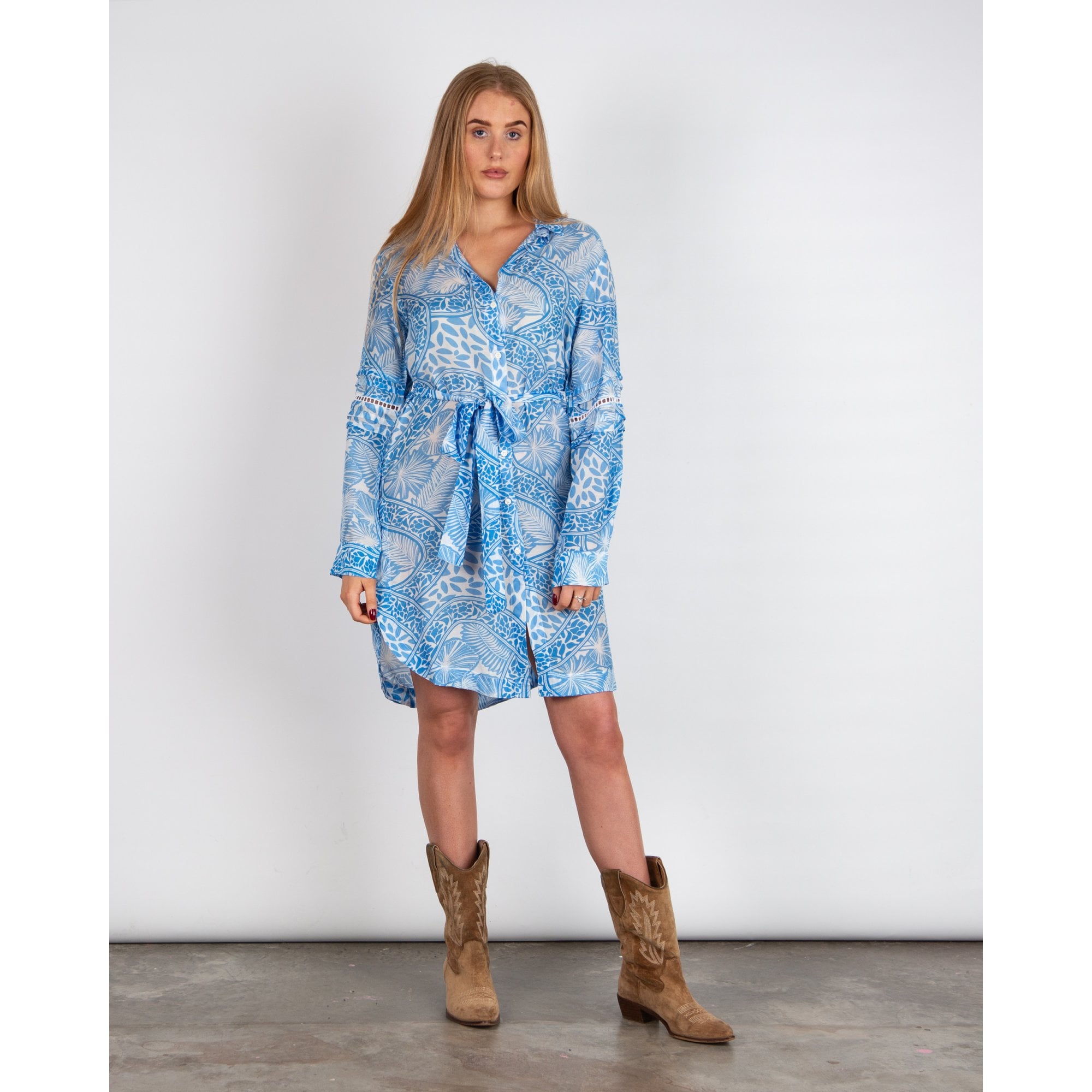 Pranella Uno Palm Print Oversized Belted Shirt Dress Blue/white