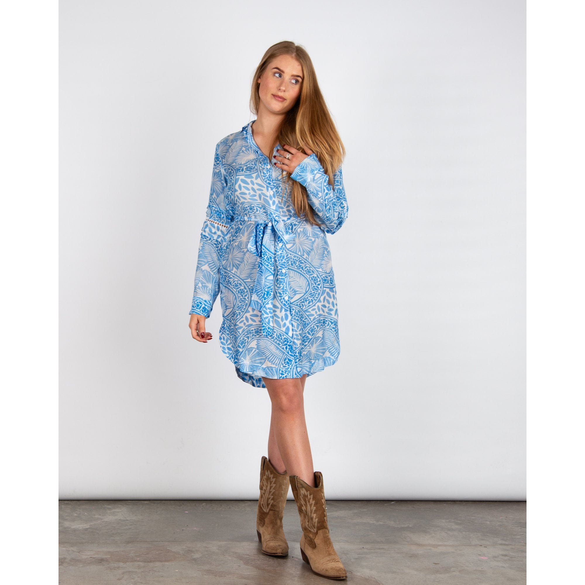 Pranella Uno Palm Print Oversized Belted Shirt Dress Blue/white