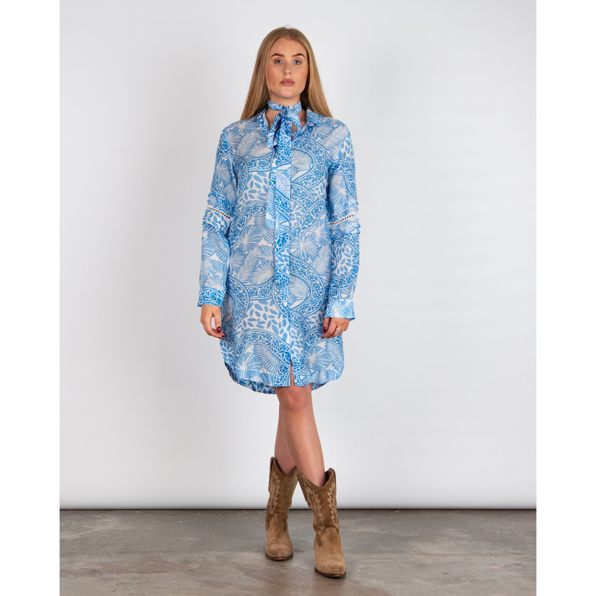 Pranella Uno Palm Print Oversized Belted Shirt Dress Blue/white