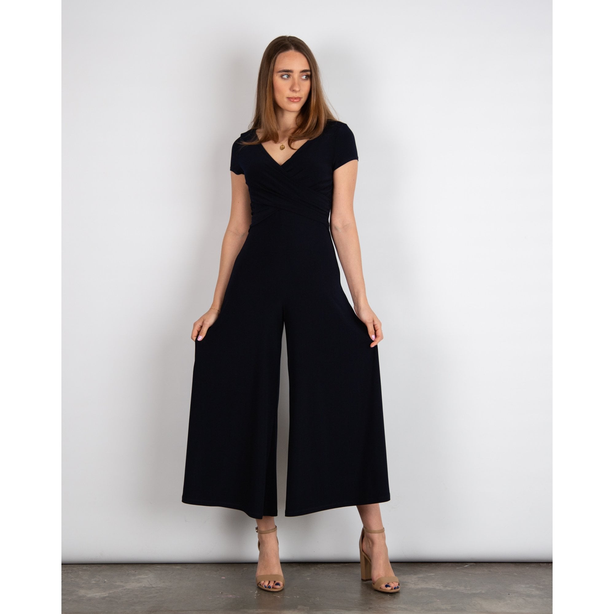 Joseph Ribkoff Short Sleeve Crossover Front Cropped Jersey Jumpsuit Navy