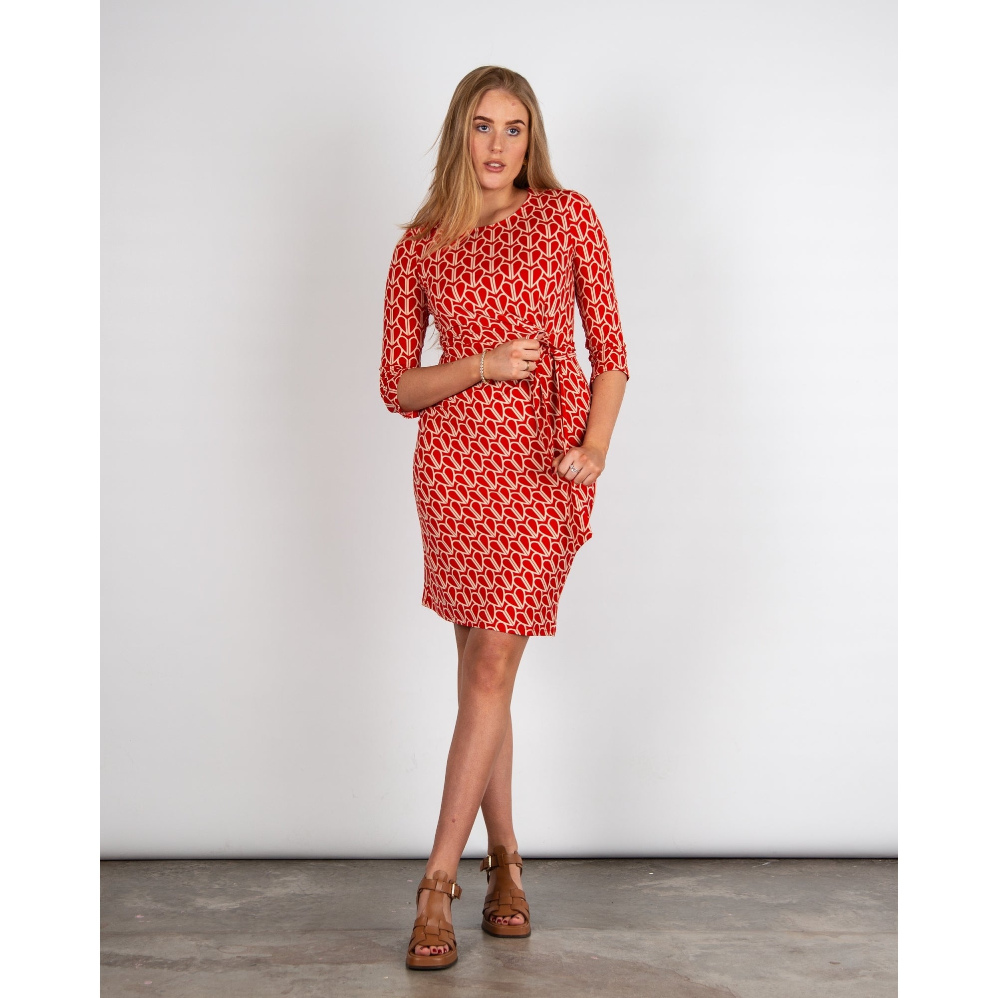 Oui Heart Print Round Neck Tie Waist Jersey Dress Red/ecru