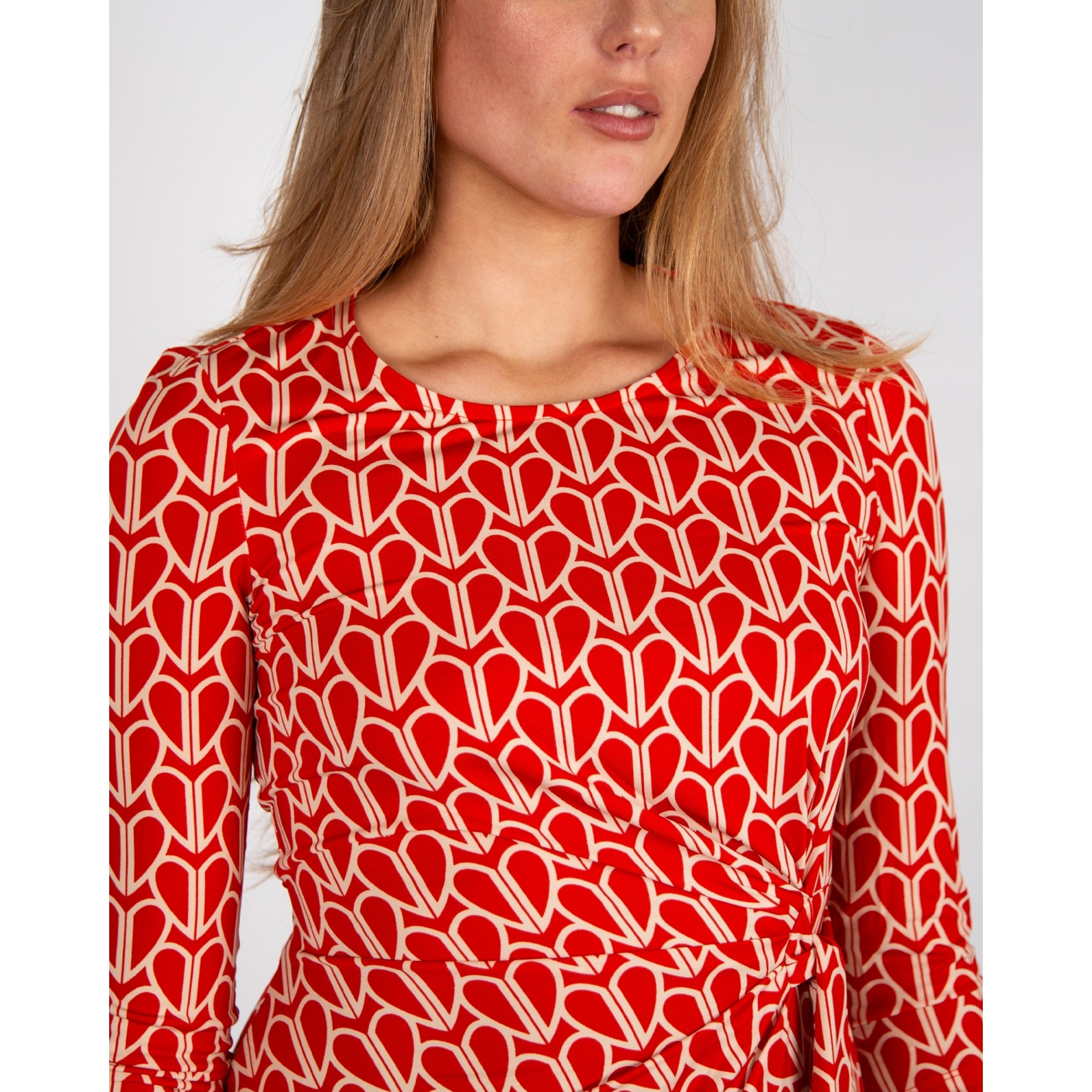Oui Heart Print Round Neck Tie Waist Jersey Dress Red/ecru