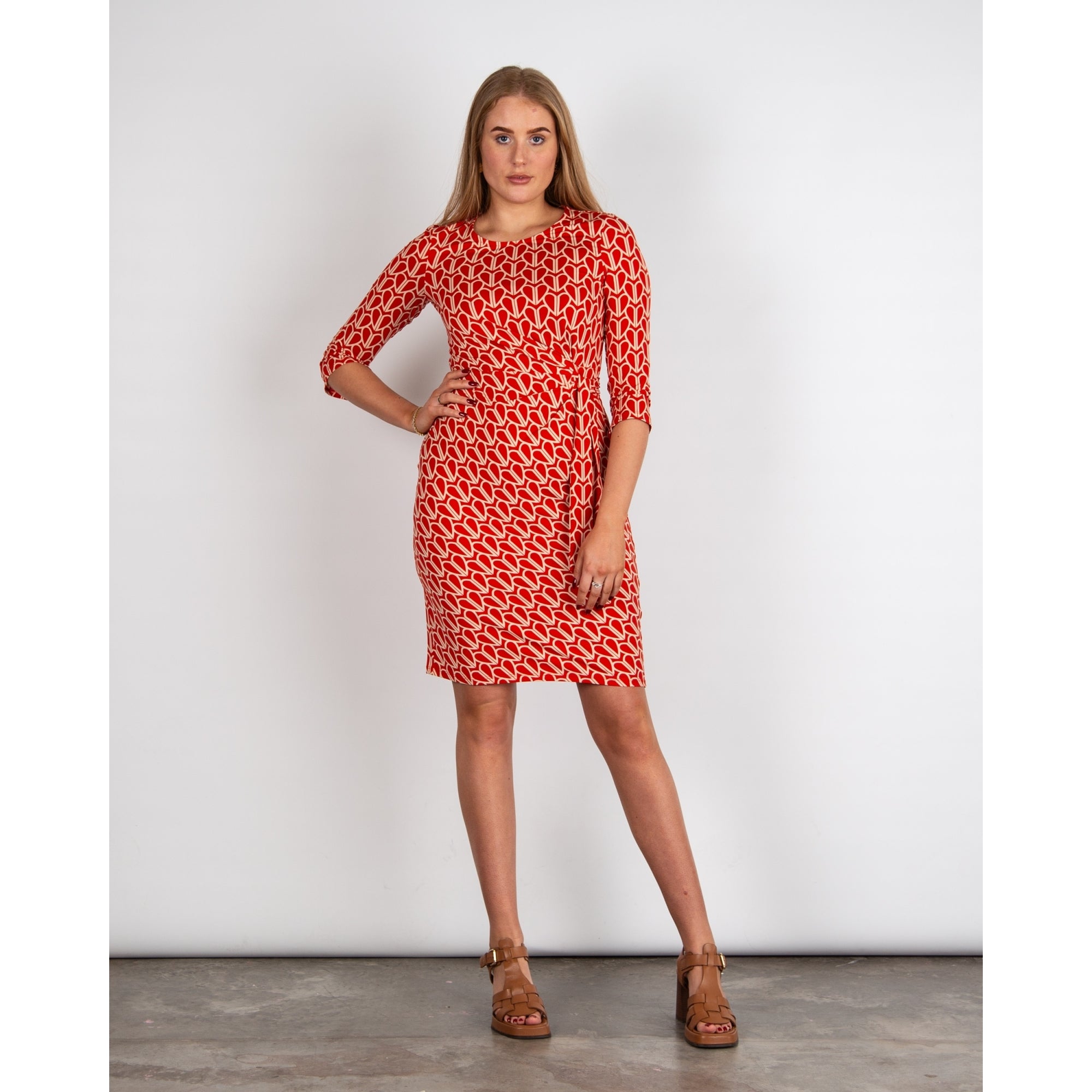 Oui Heart Print Round Neck Tie Waist Jersey Dress Red/ecru