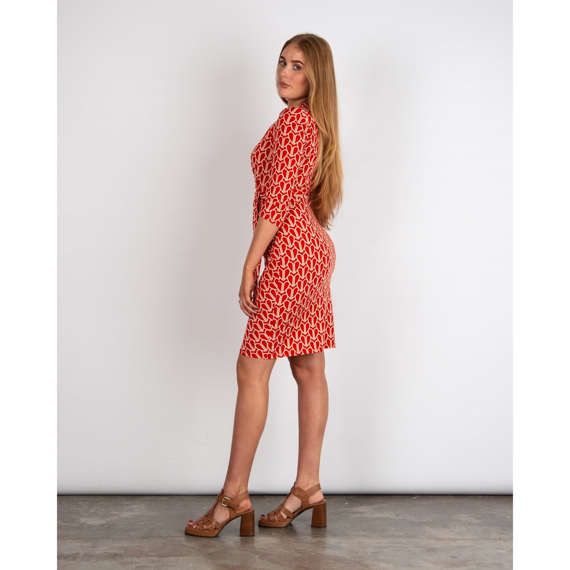 Oui Heart Print Round Neck Tie Waist Jersey Dress Red/ecru
