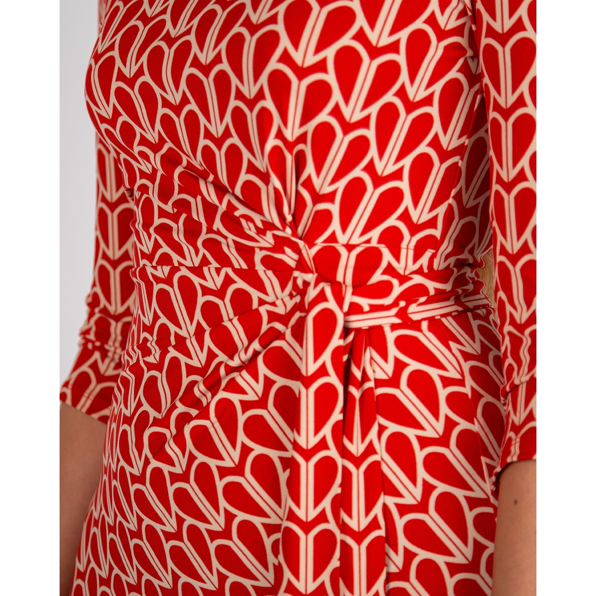 Oui Heart Print Round Neck Tie Waist Jersey Dress Red/ecru