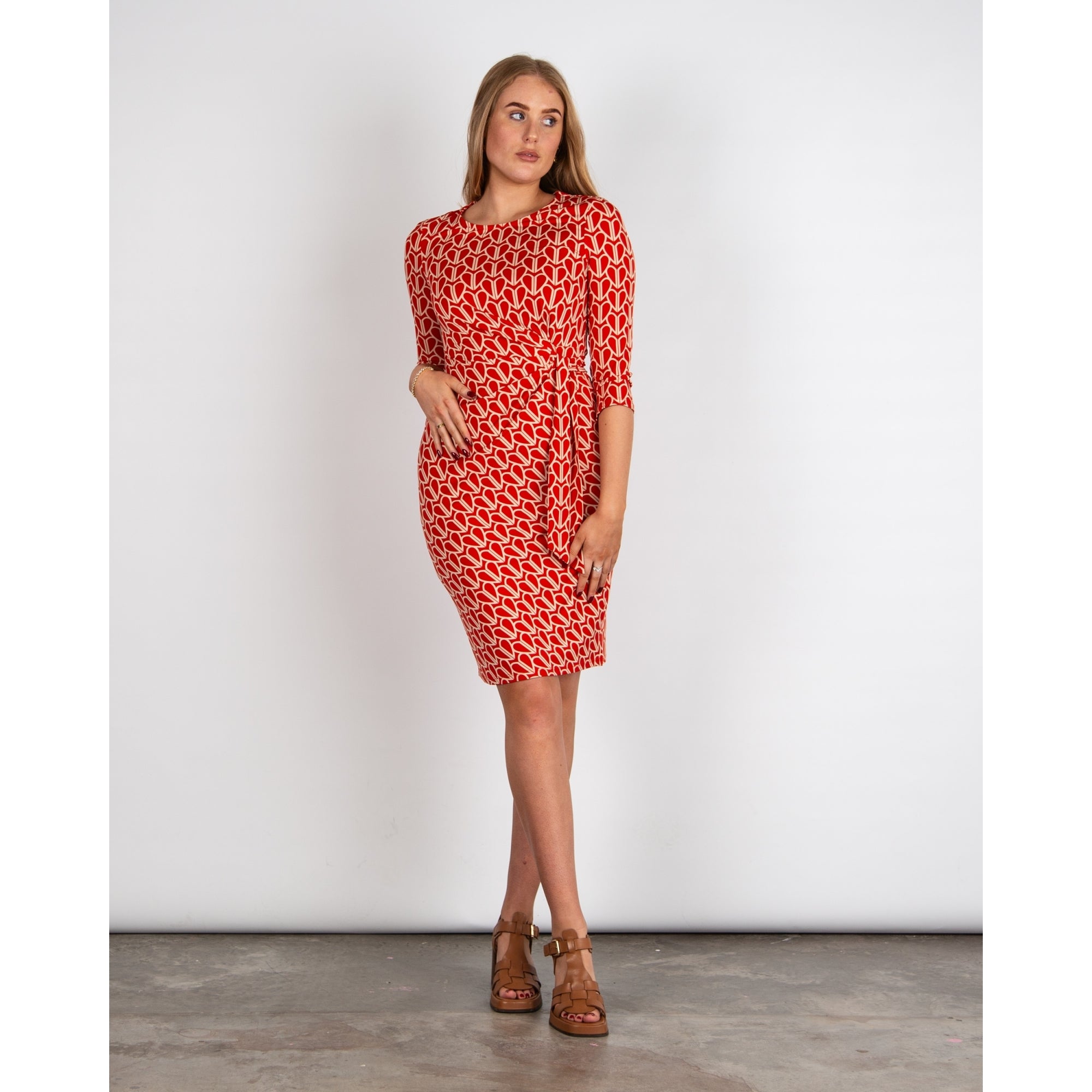 Oui Heart Print Round Neck Tie Waist Jersey Dress Red/ecru