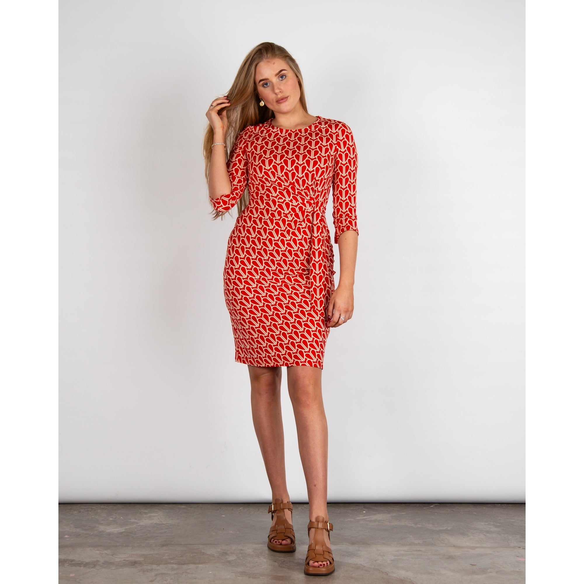 Oui Heart Print Round Neck Tie Waist Jersey Dress Red/ecru