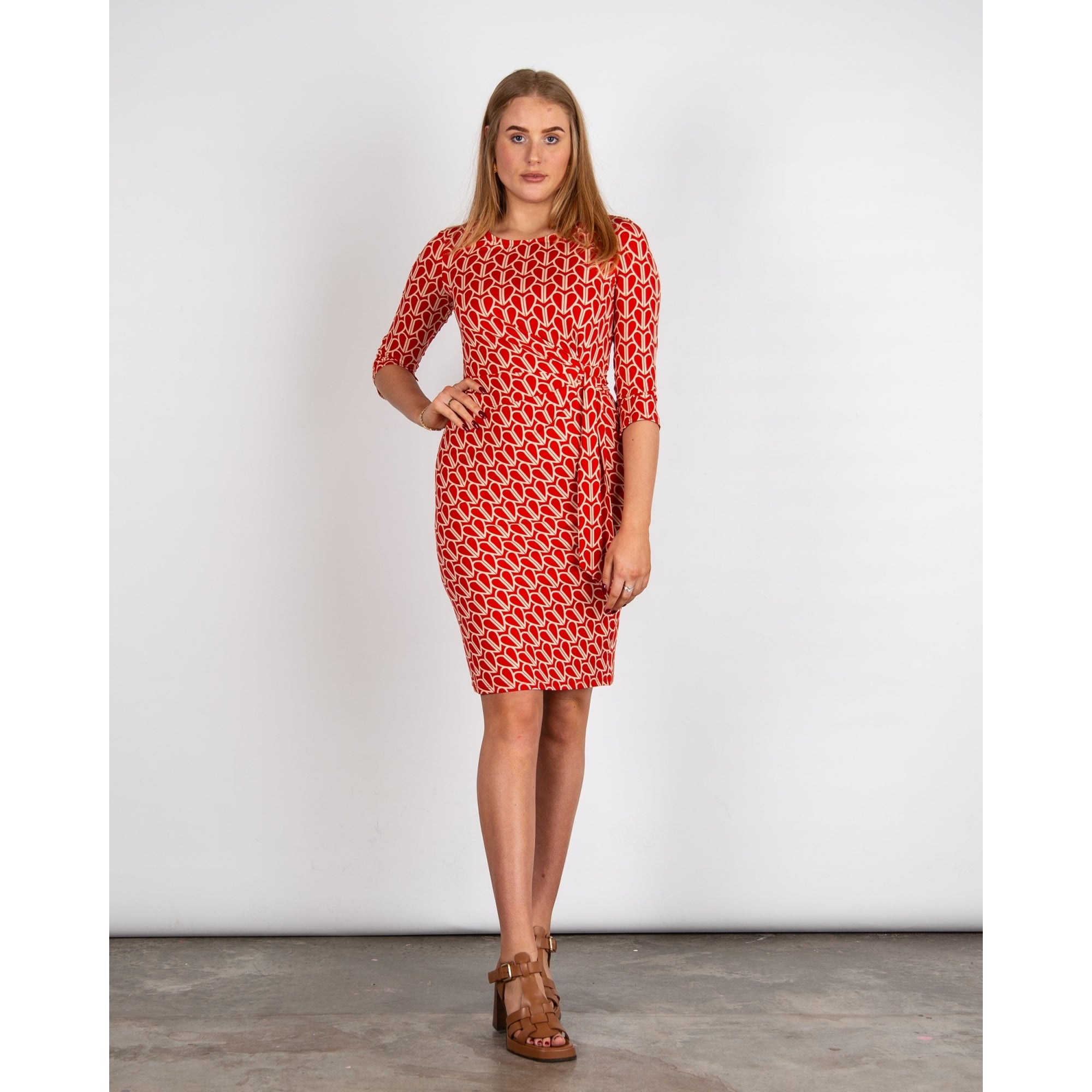 Oui Heart Print Round Neck Tie Waist Jersey Dress Red/ecru