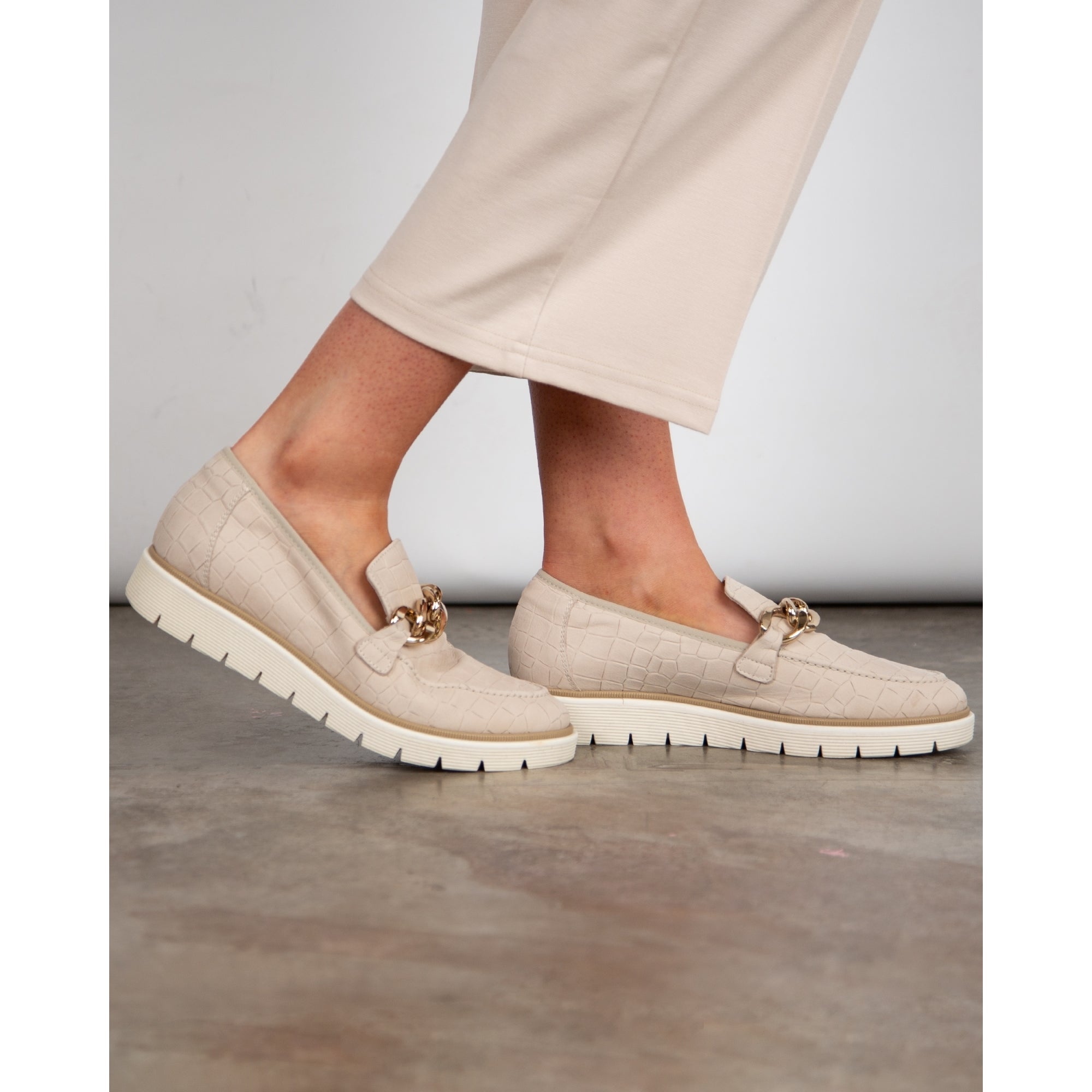 Dl Sport Suede Croc Loafer With Large Gold Chain Light Stone