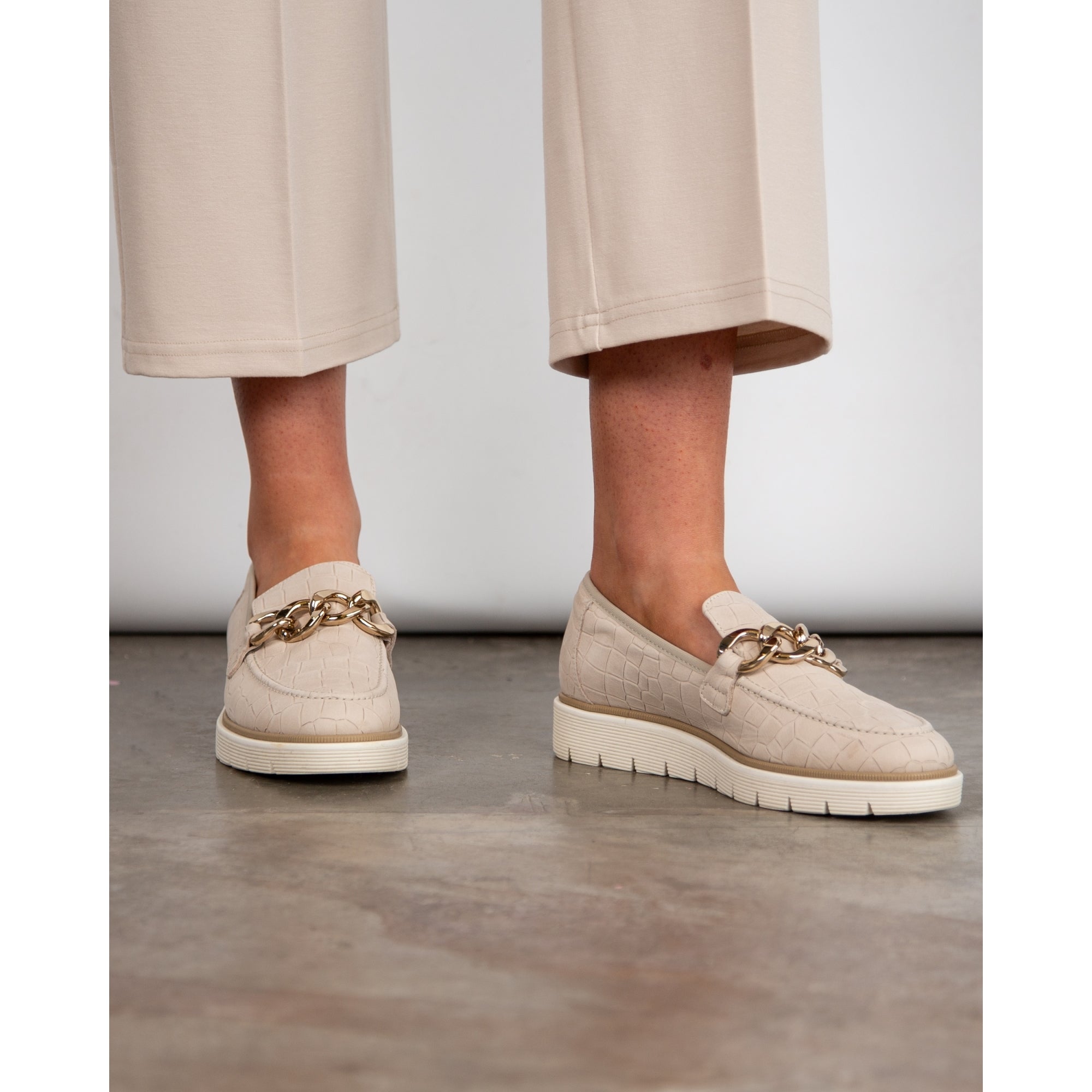 Dl Sport Suede Croc Loafer With Large Gold Chain Light Stone