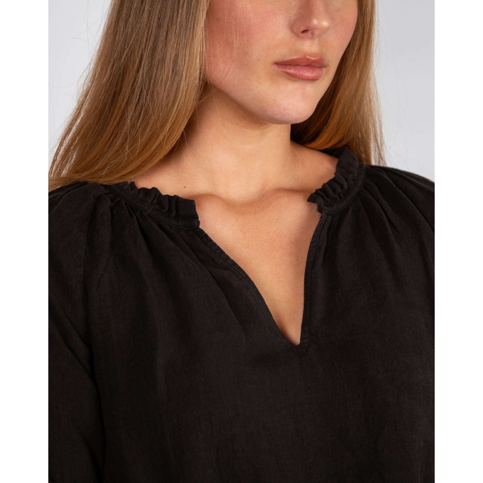 Part Two Elody Frill V Neck Linen Blouse Black