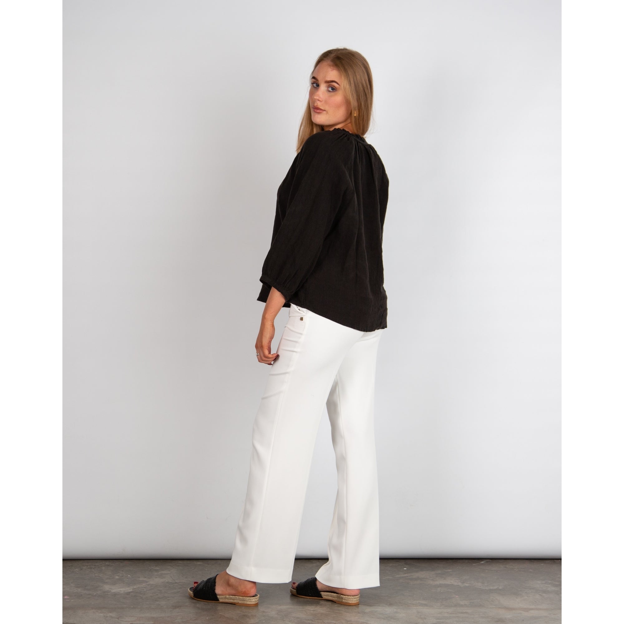 Part Two Elody Frill V Neck Linen Blouse Black