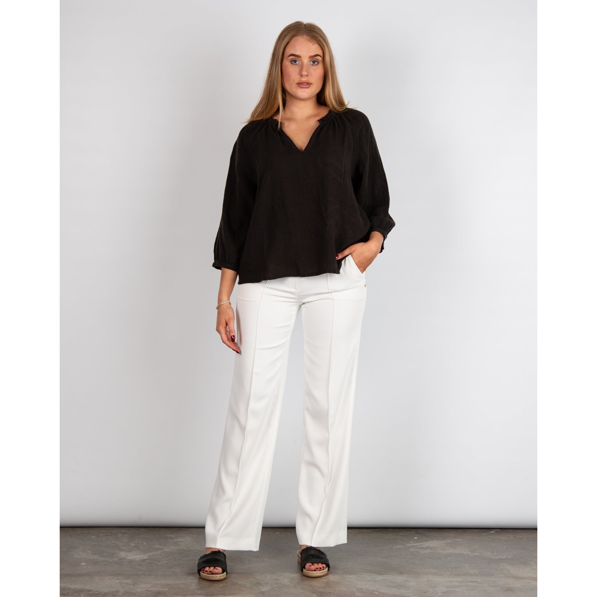 Part Two Elody Frill V Neck Linen Blouse Black