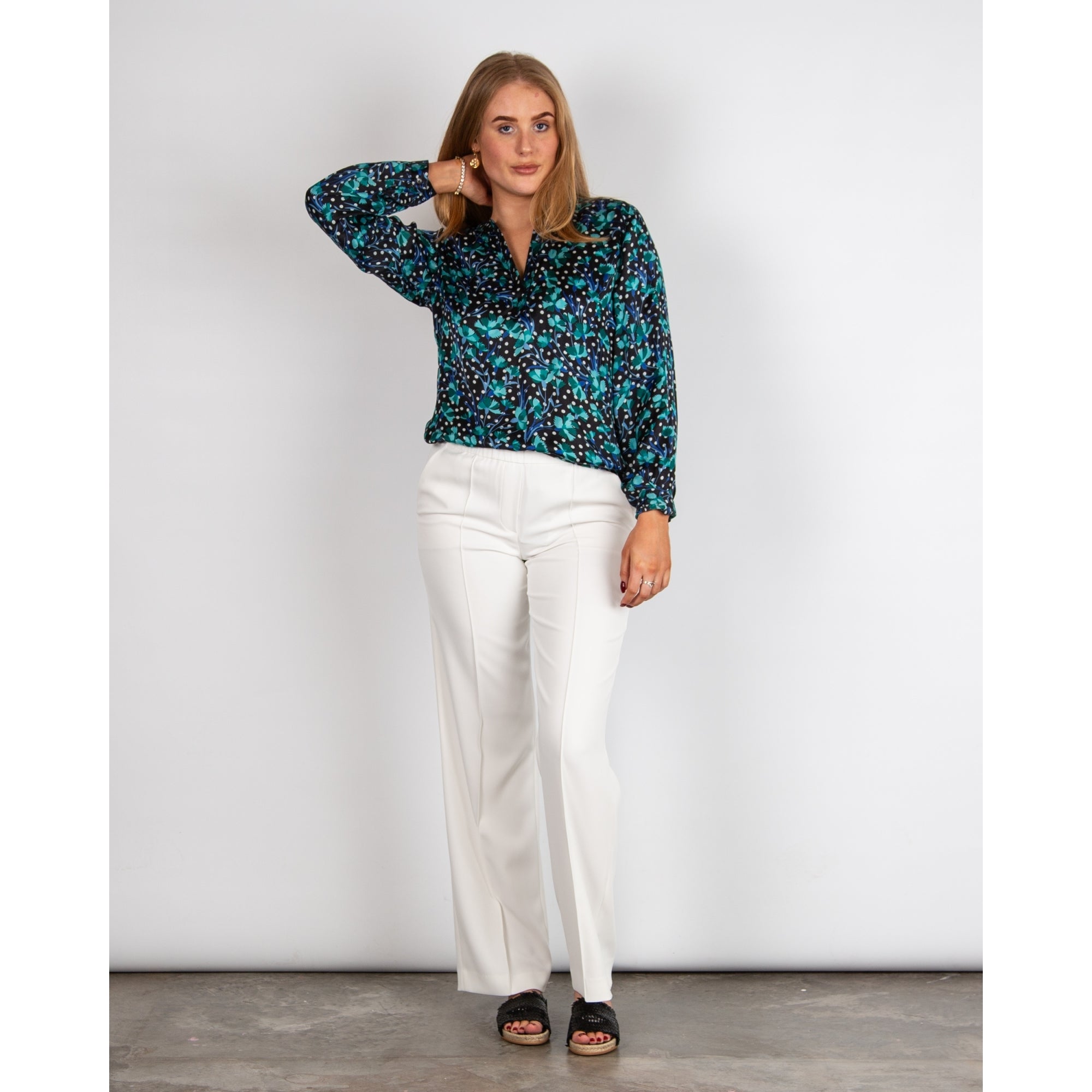 Primrose Park Sandy Tropical Print Slit Neck Blouse Carnation Turquoise