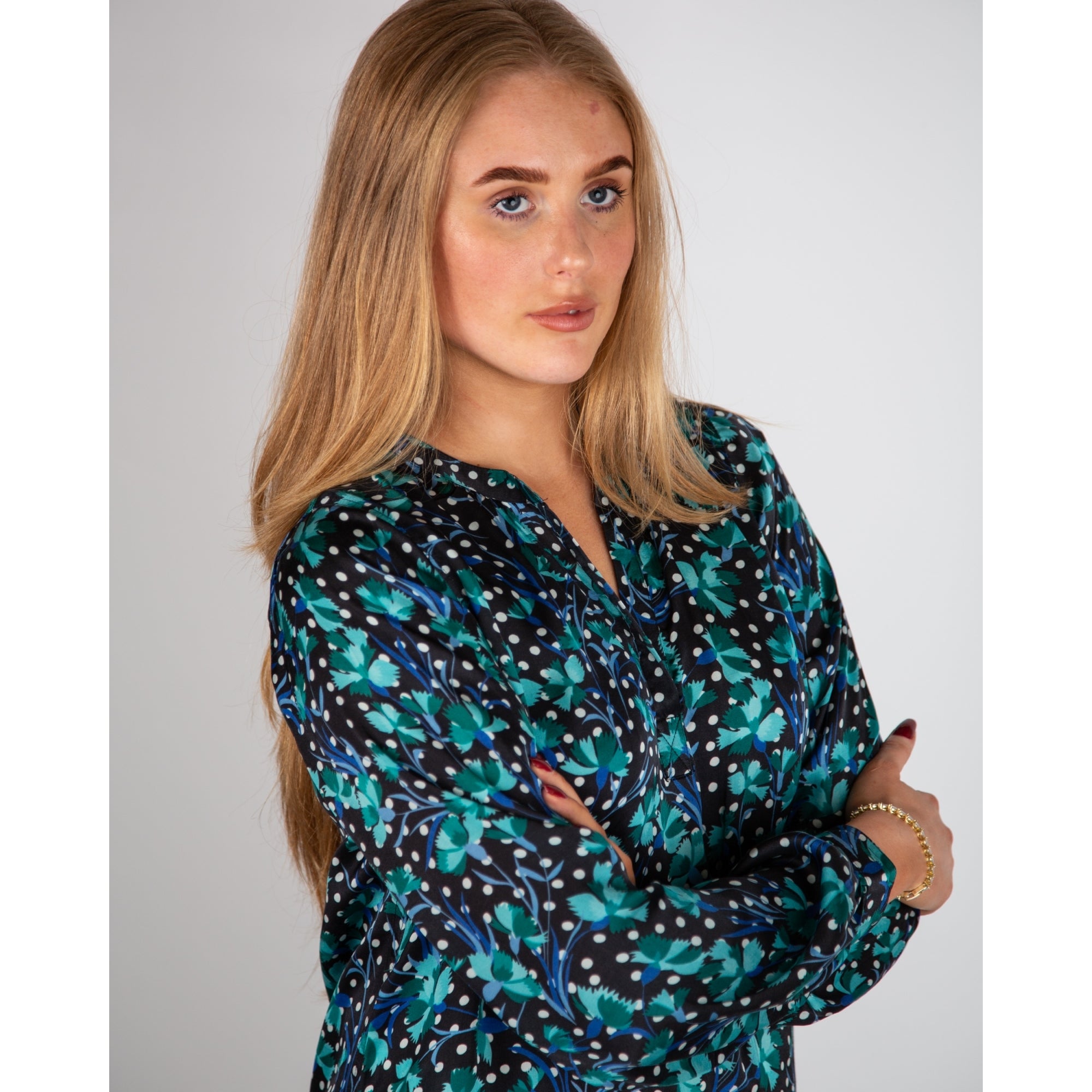 Primrose Park Sandy Tropical Print Slit Neck Blouse Carnation Turquoise