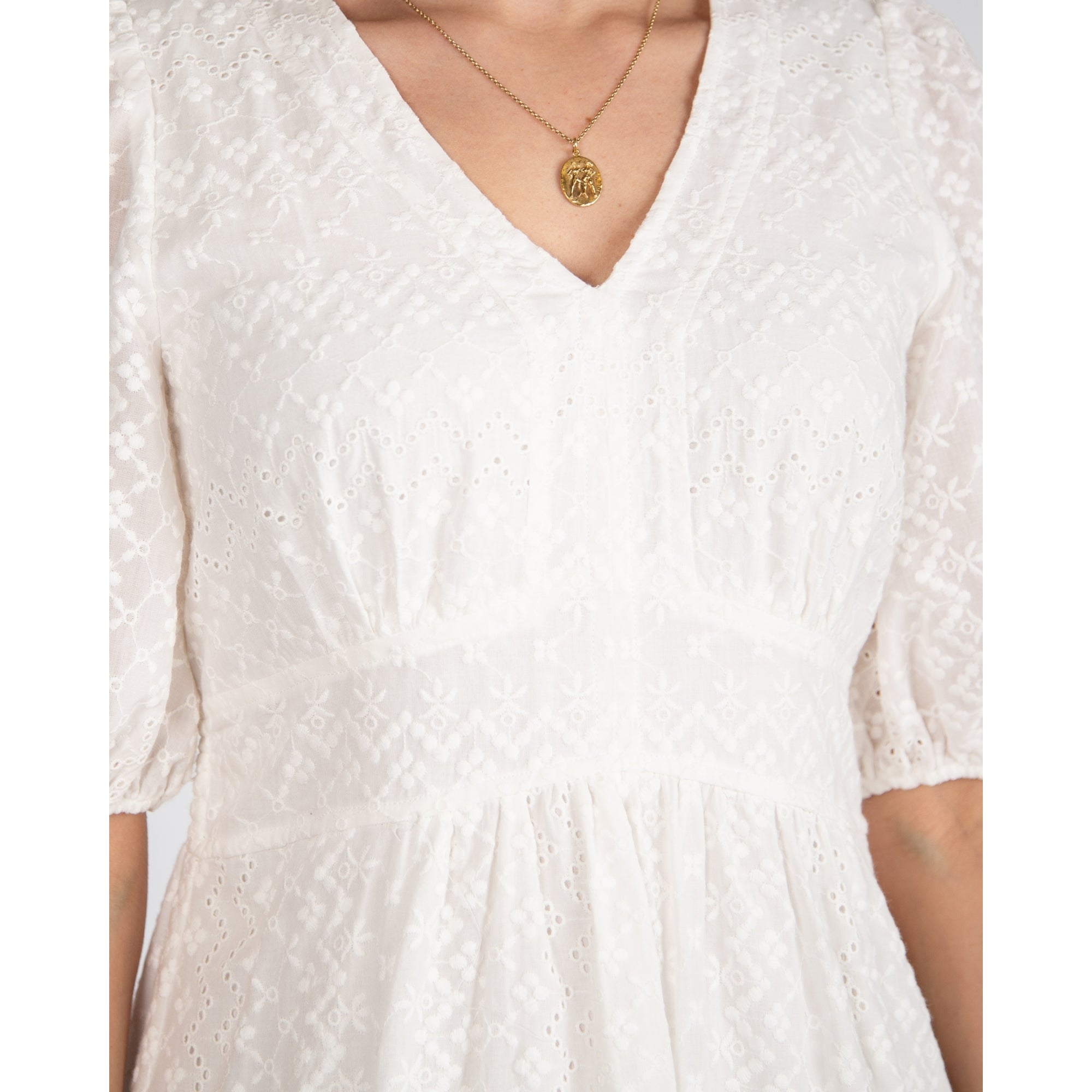 Tinta Style Paulova V Neck Broderie Anglaise Tiered Puff Sleeve Dress Off White