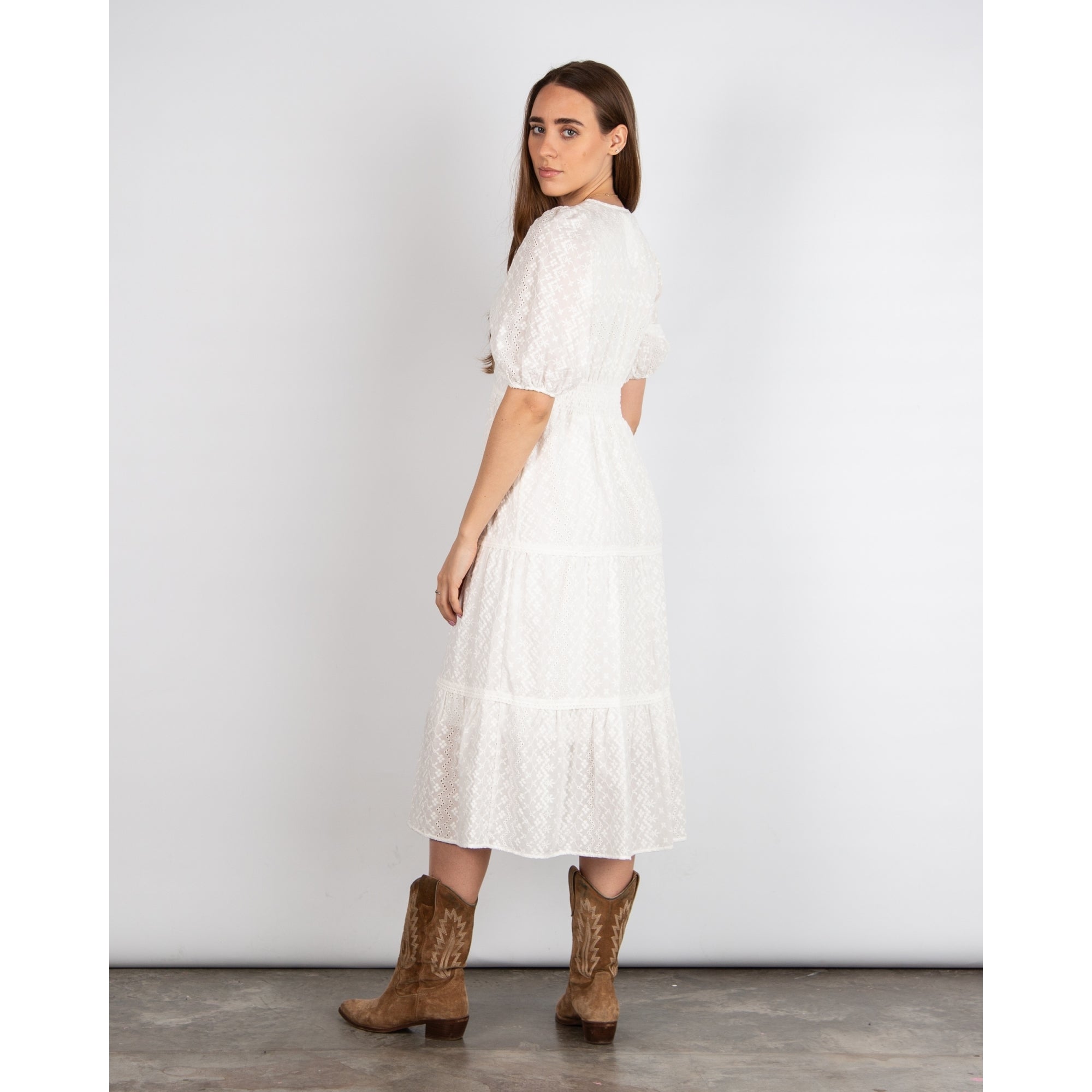 Tinta Style Paulova V Neck Broderie Anglaise Tiered Puff Sleeve Dress Off White