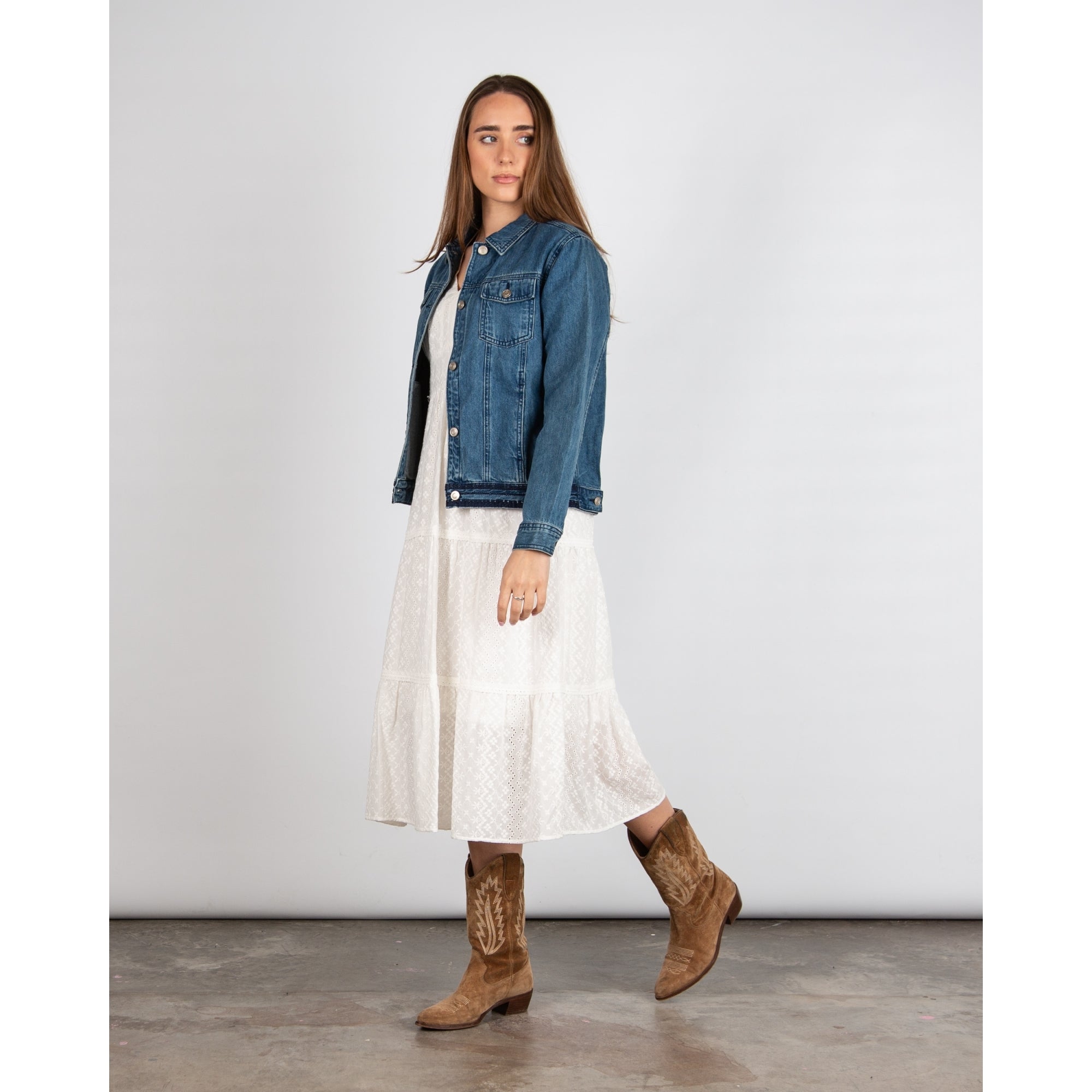 Tinta Style Paulova V Neck Broderie Anglaise Tiered Puff Sleeve Dress Off White