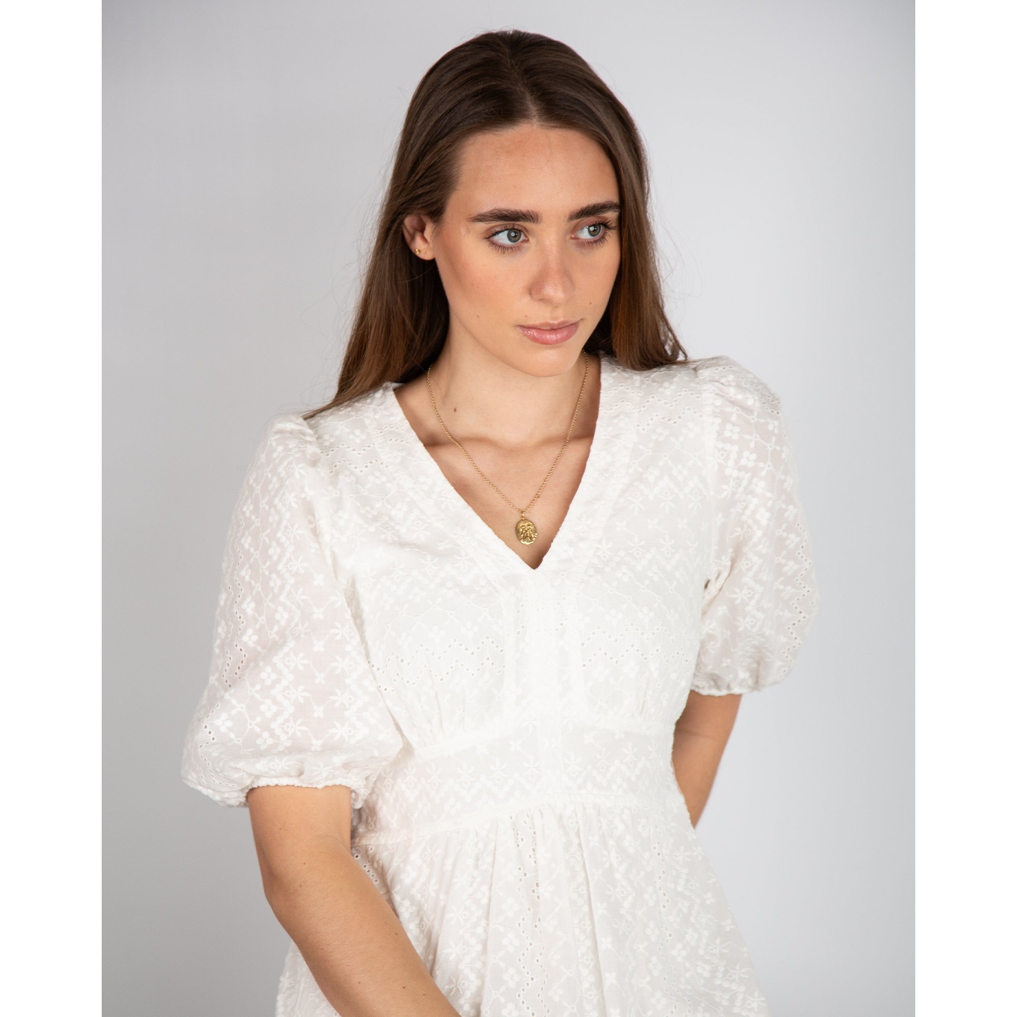 Tinta Style Paulova V Neck Broderie Anglaise Tiered Puff Sleeve Dress Off White