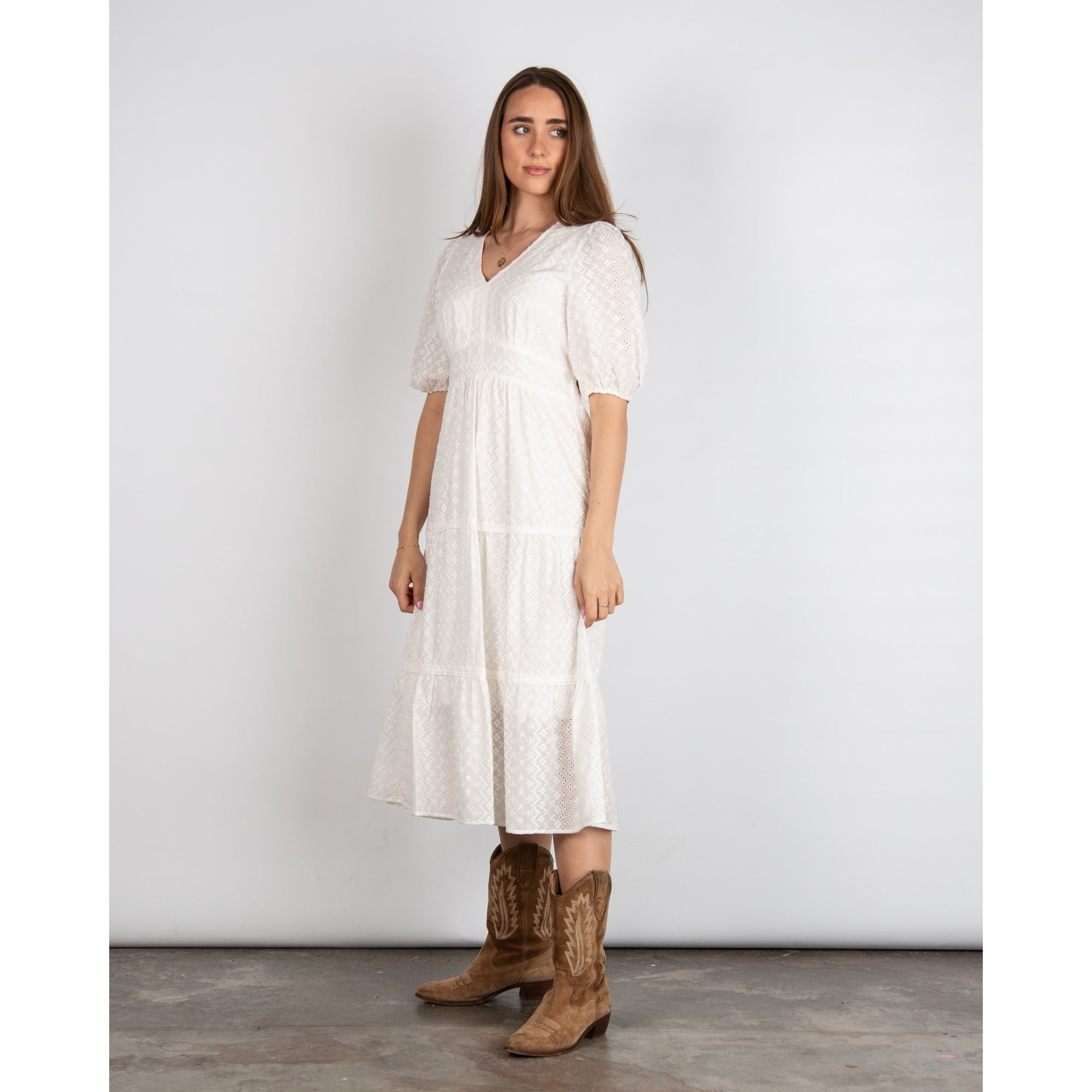 Tinta Style Paulova V Neck Broderie Anglaise Tiered Puff Sleeve Dress Off White