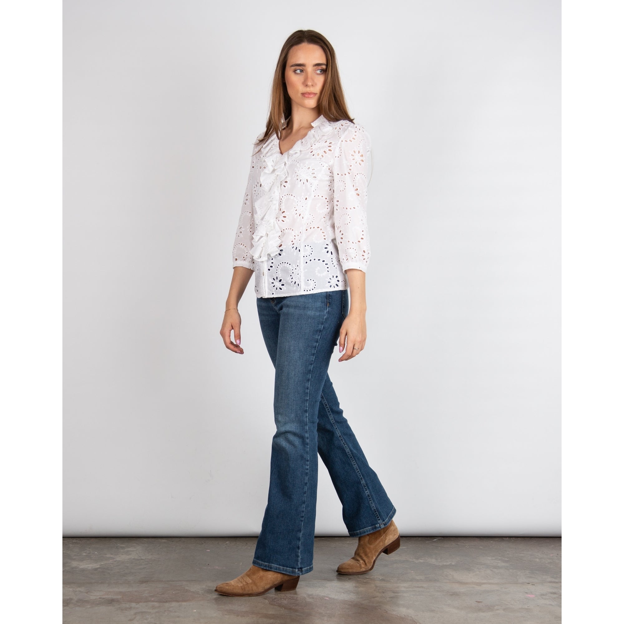 Tinta Style Claribel V Neck Frill Front Broderie Anglaise Blouse White