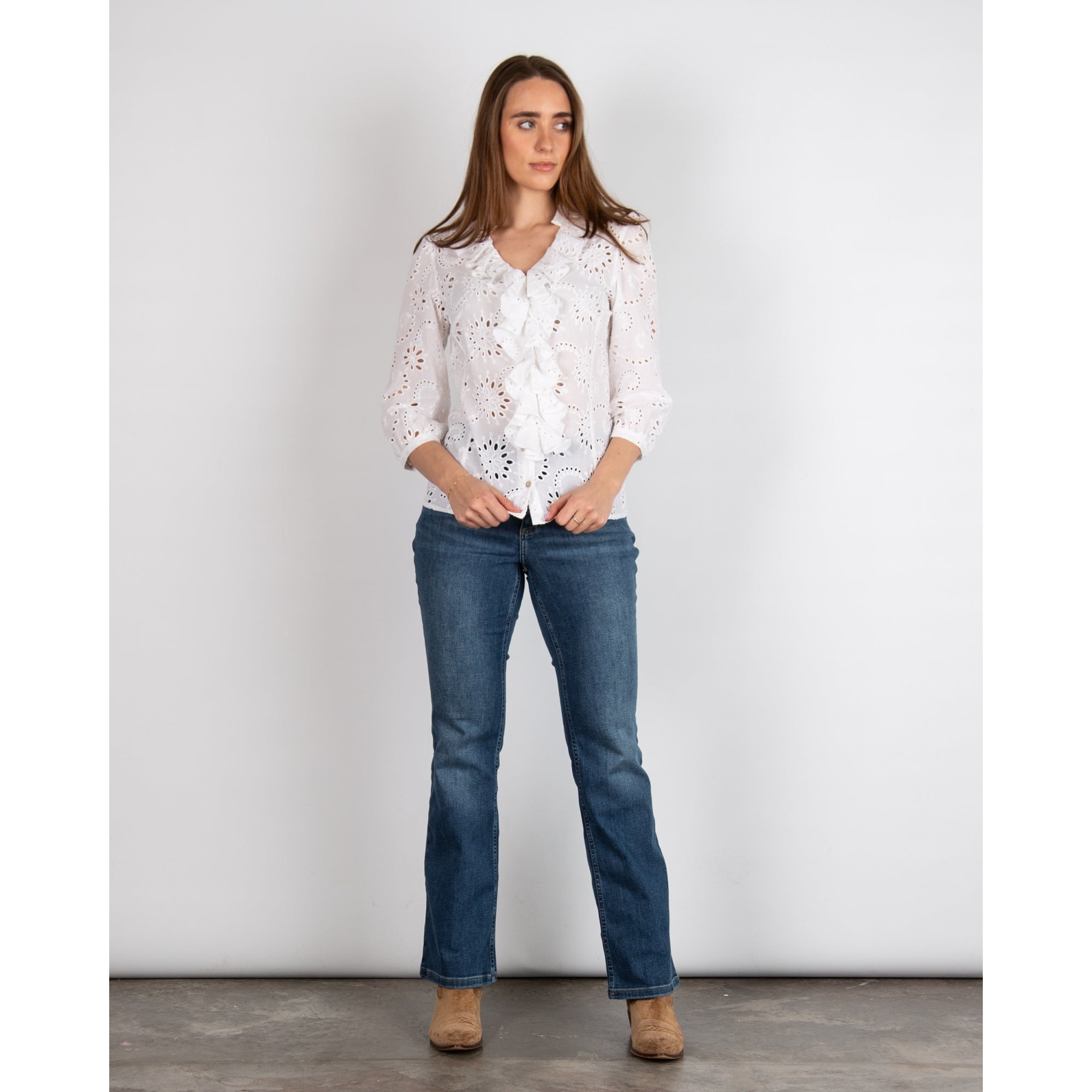 Tinta Style Claribel V Neck Frill Front Broderie Anglaise Blouse White