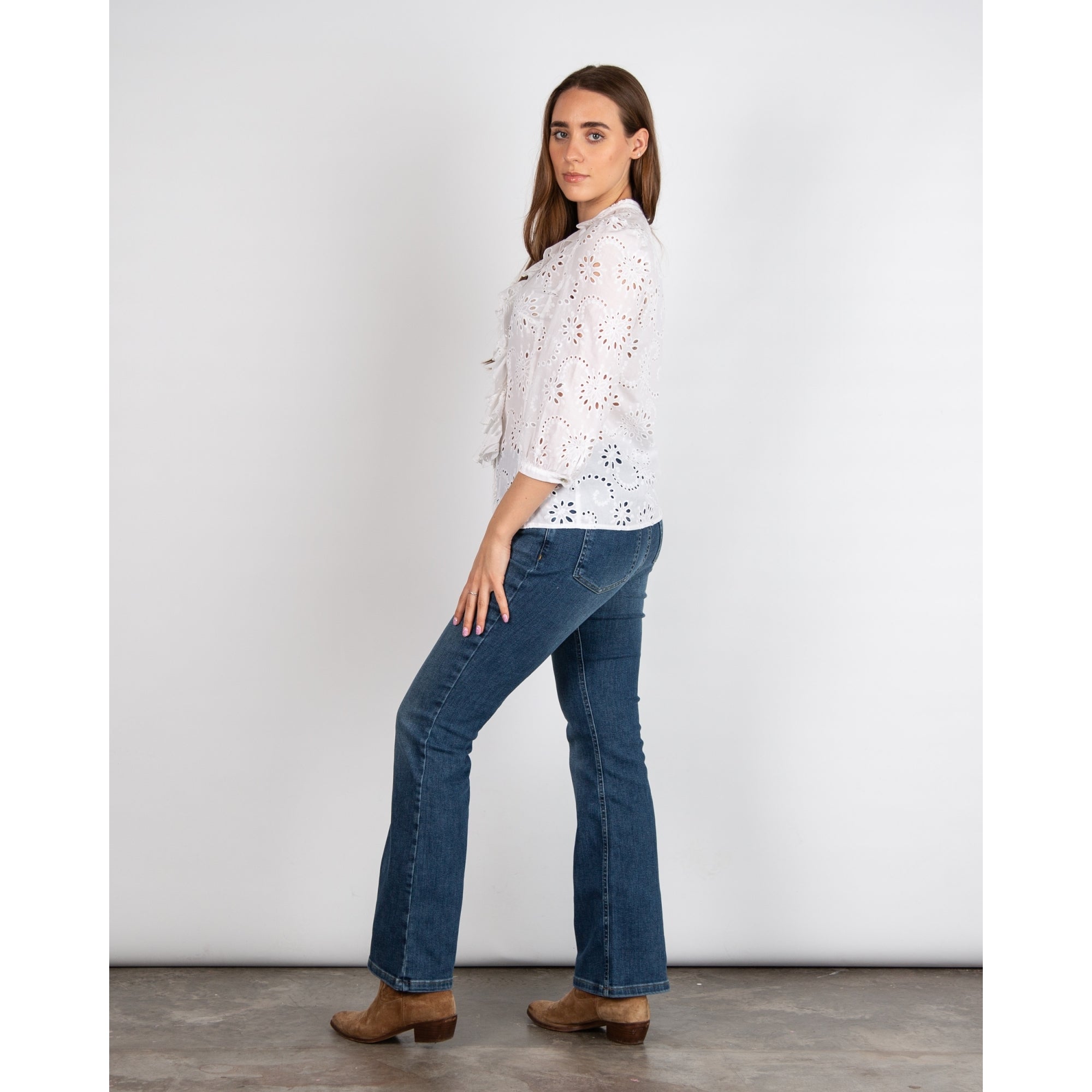 Tinta Style Claribel V Neck Frill Front Broderie Anglaise Blouse White