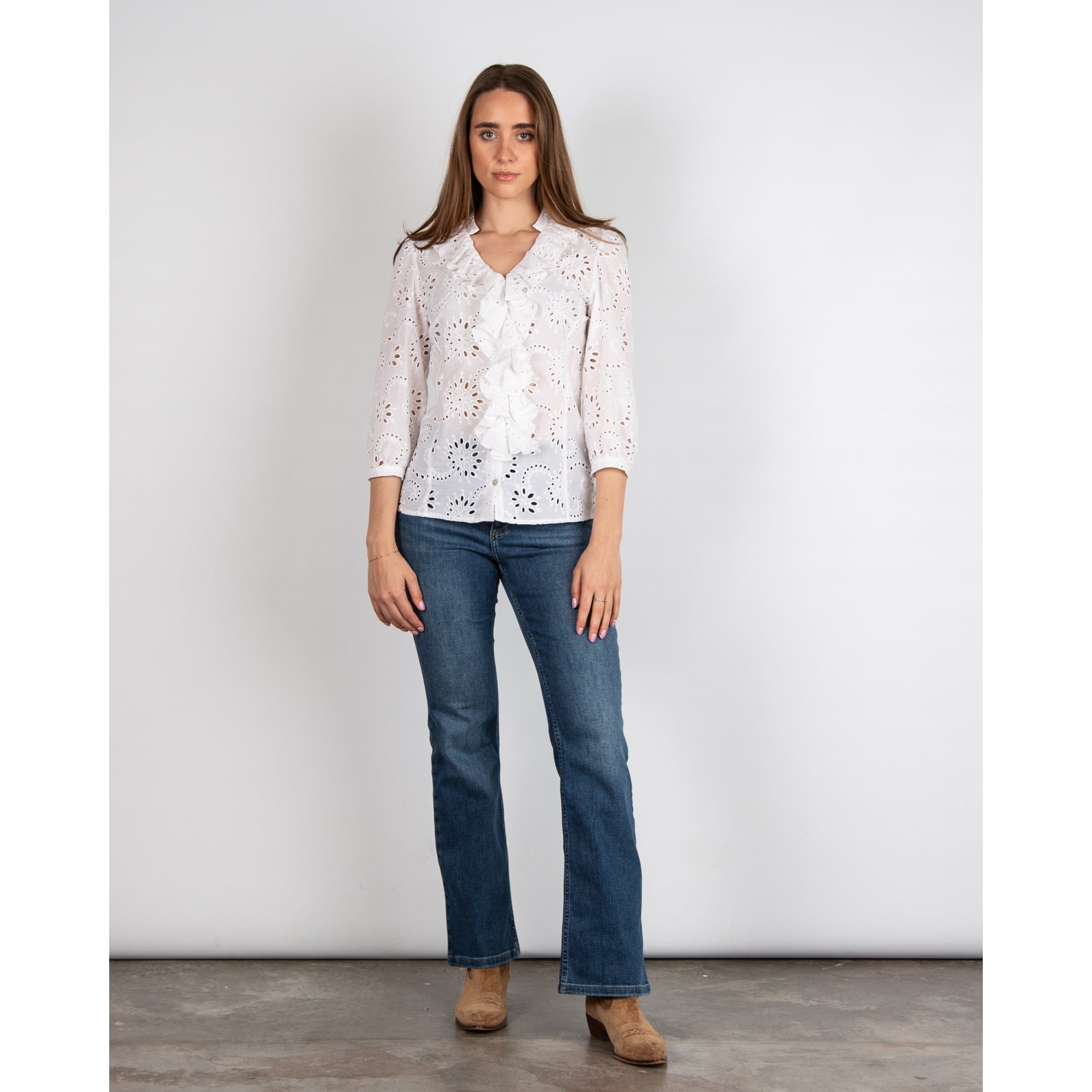 Tinta Style Claribel V Neck Frill Front Broderie Anglaise Blouse White