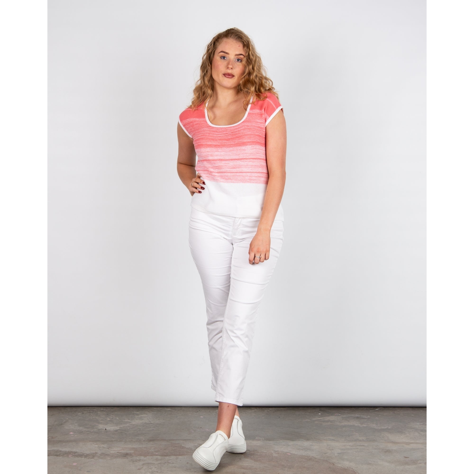 Marble Fashions Round Neck Shaded Stripe Top Coral/white 135