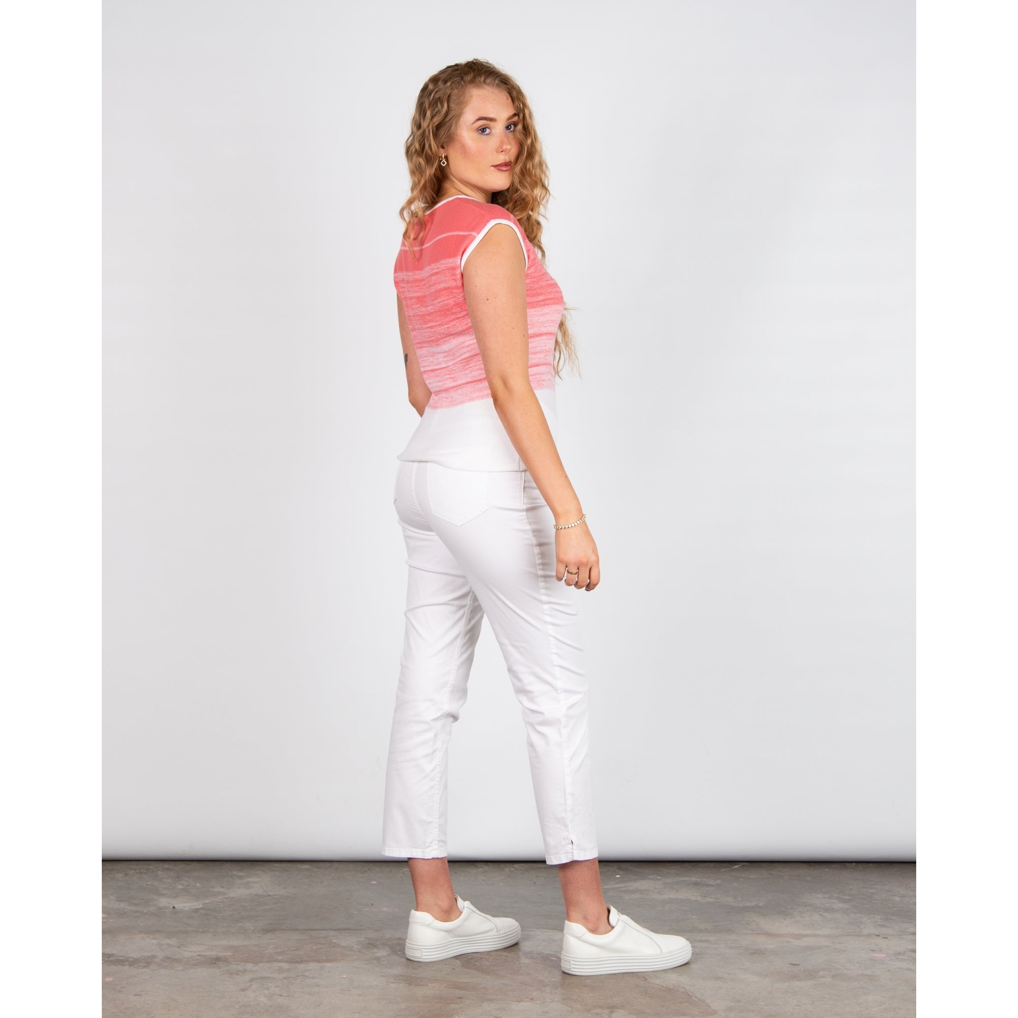 Marble Fashions Round Neck Shaded Stripe Top Coral/white 135