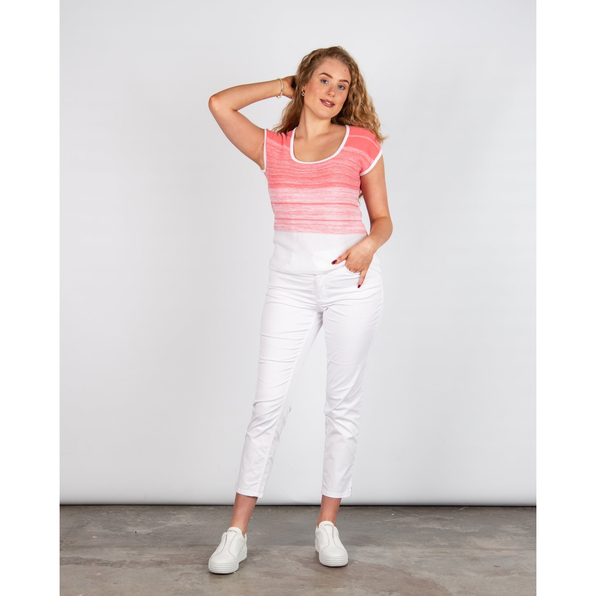 Marble Fashions Round Neck Shaded Stripe Top Coral/white 135