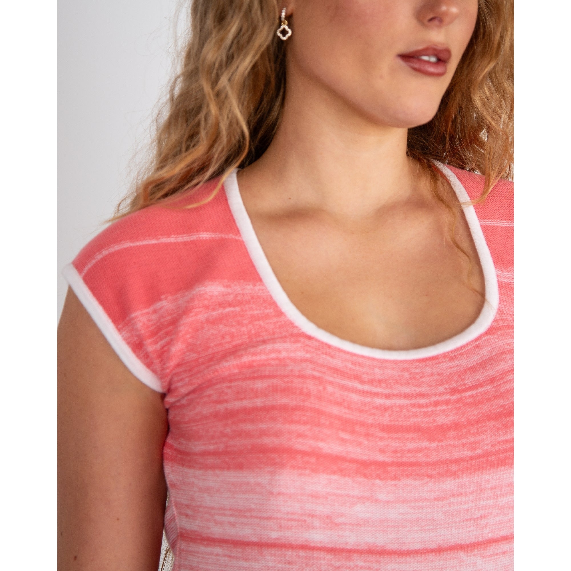 Marble Fashions Round Neck Shaded Stripe Top Coral/white 135