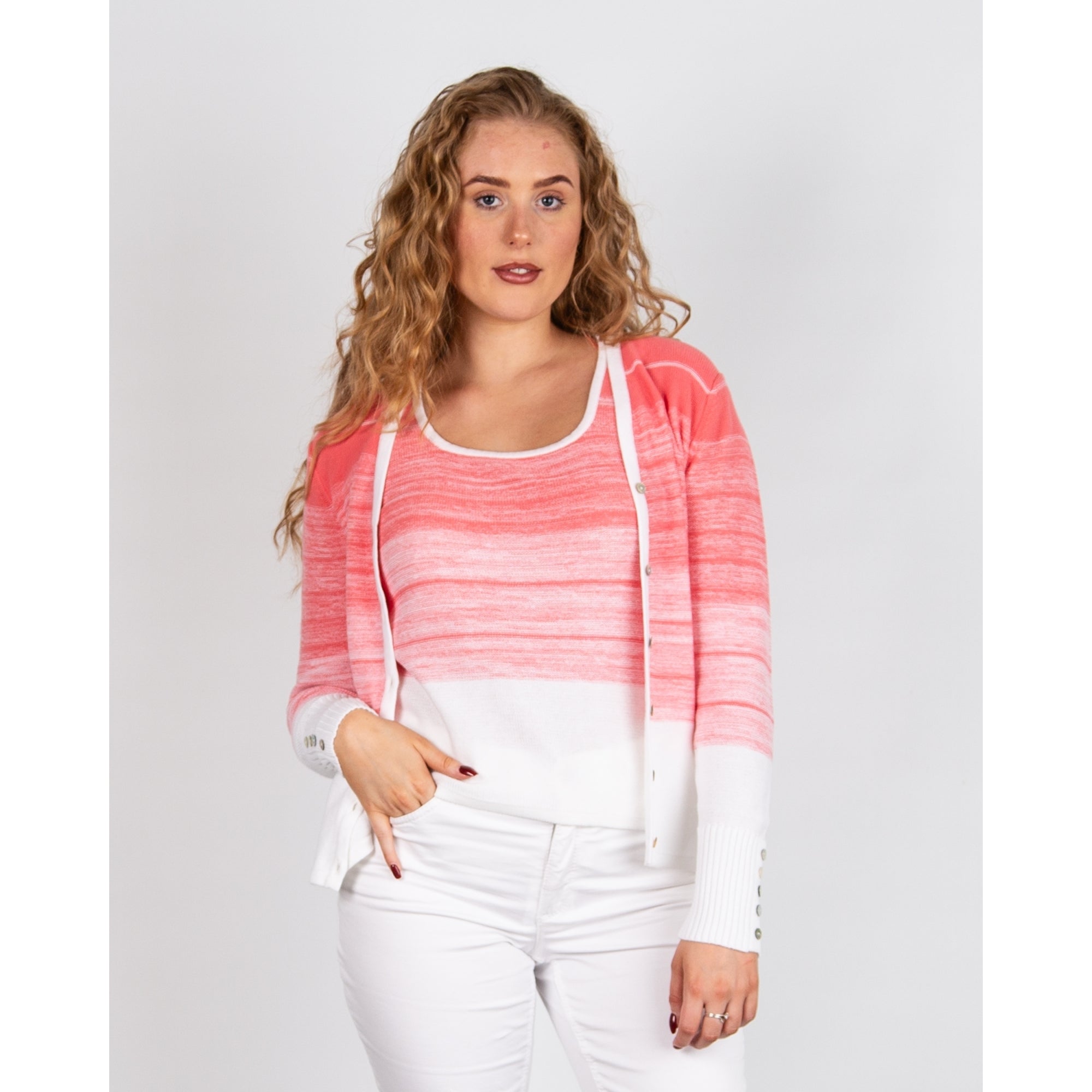 Marble Fashions Faded Stripe V Neck Waffle Knit Cardigan Coral/white 135