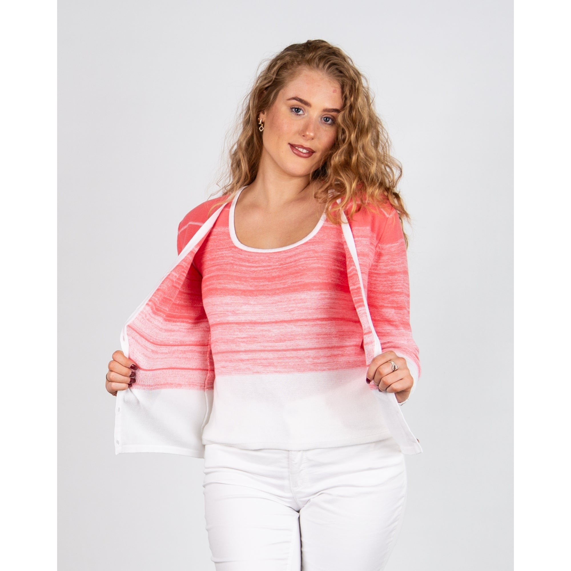 Marble Fashions Faded Stripe V Neck Waffle Knit Cardigan Coral/white 135