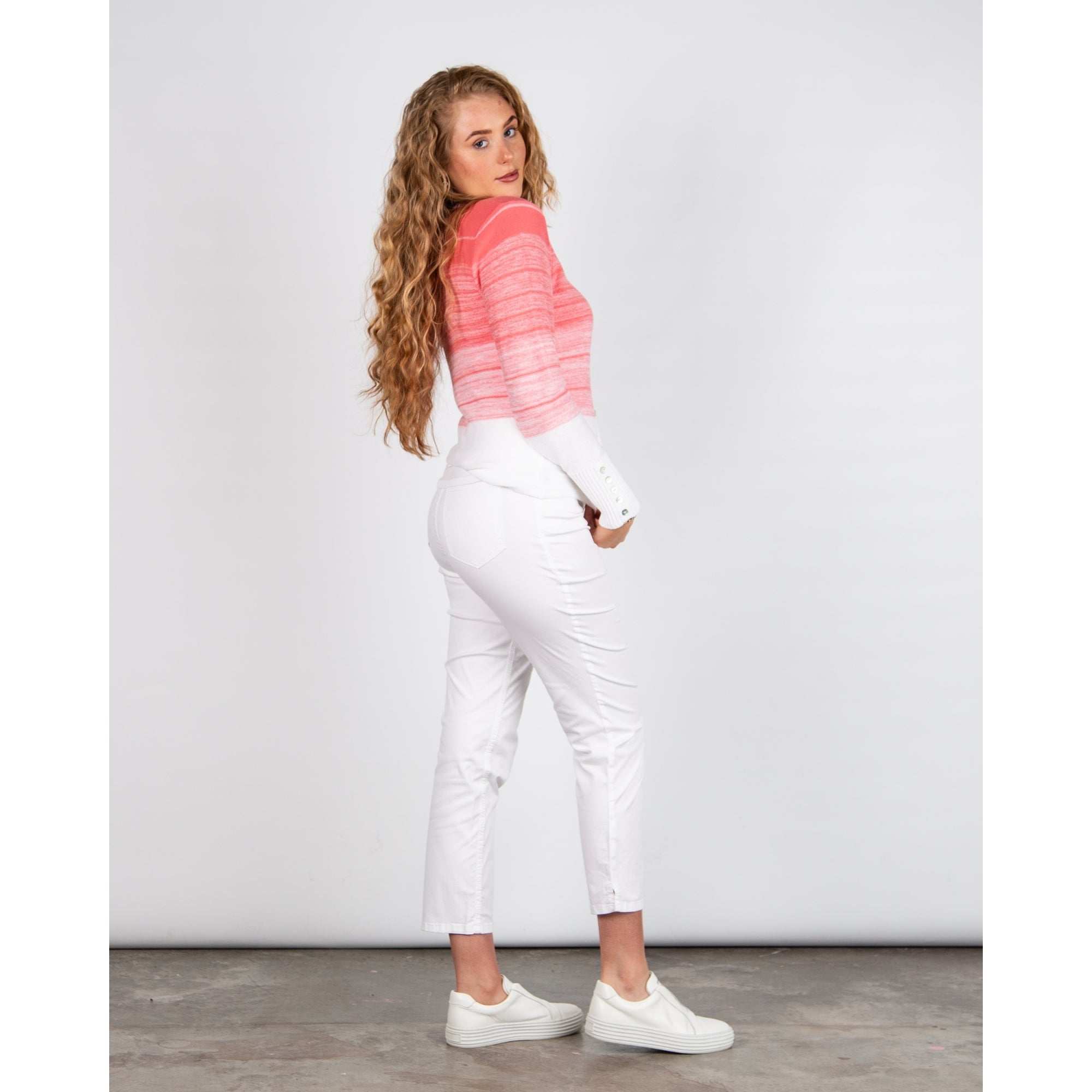 Marble Fashions Faded Stripe V Neck Waffle Knit Cardigan Coral/white 135