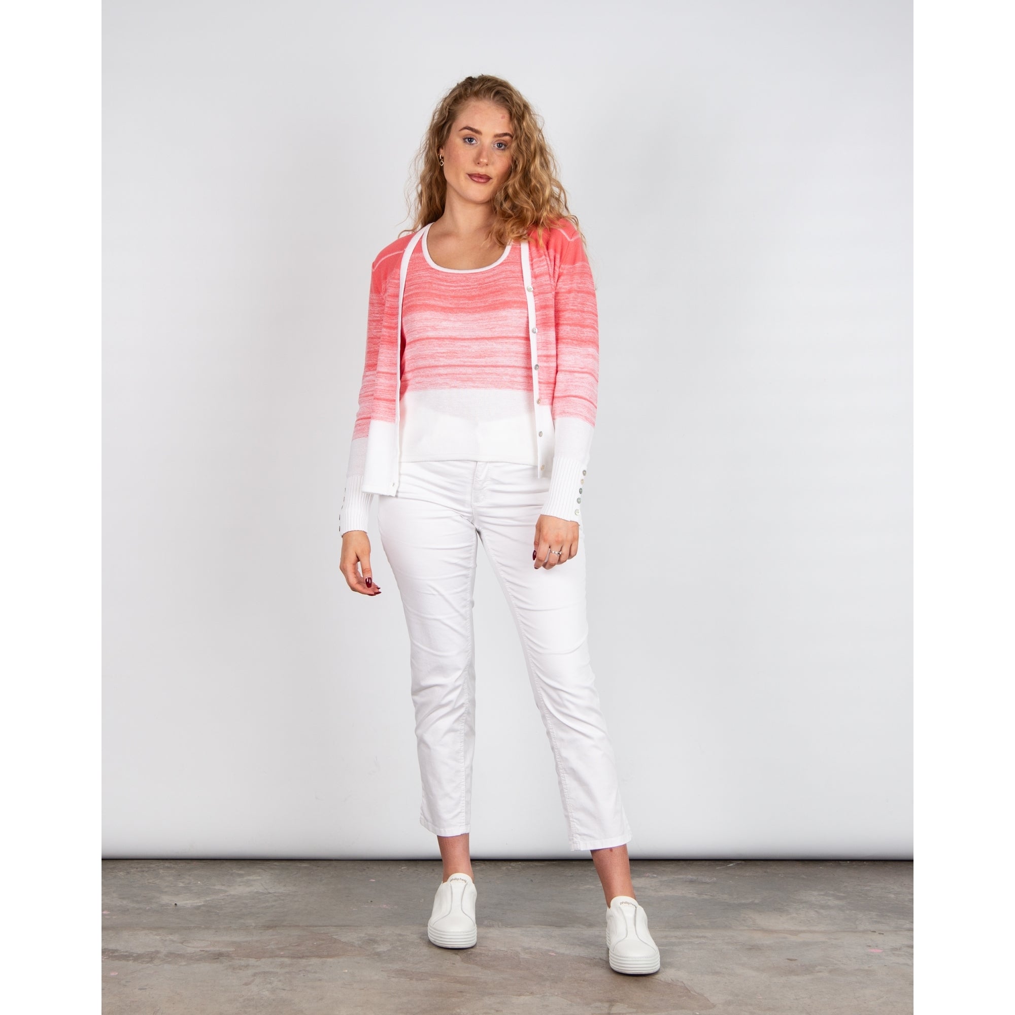 Marble Fashions Faded Stripe V Neck Waffle Knit Cardigan Coral/white 135