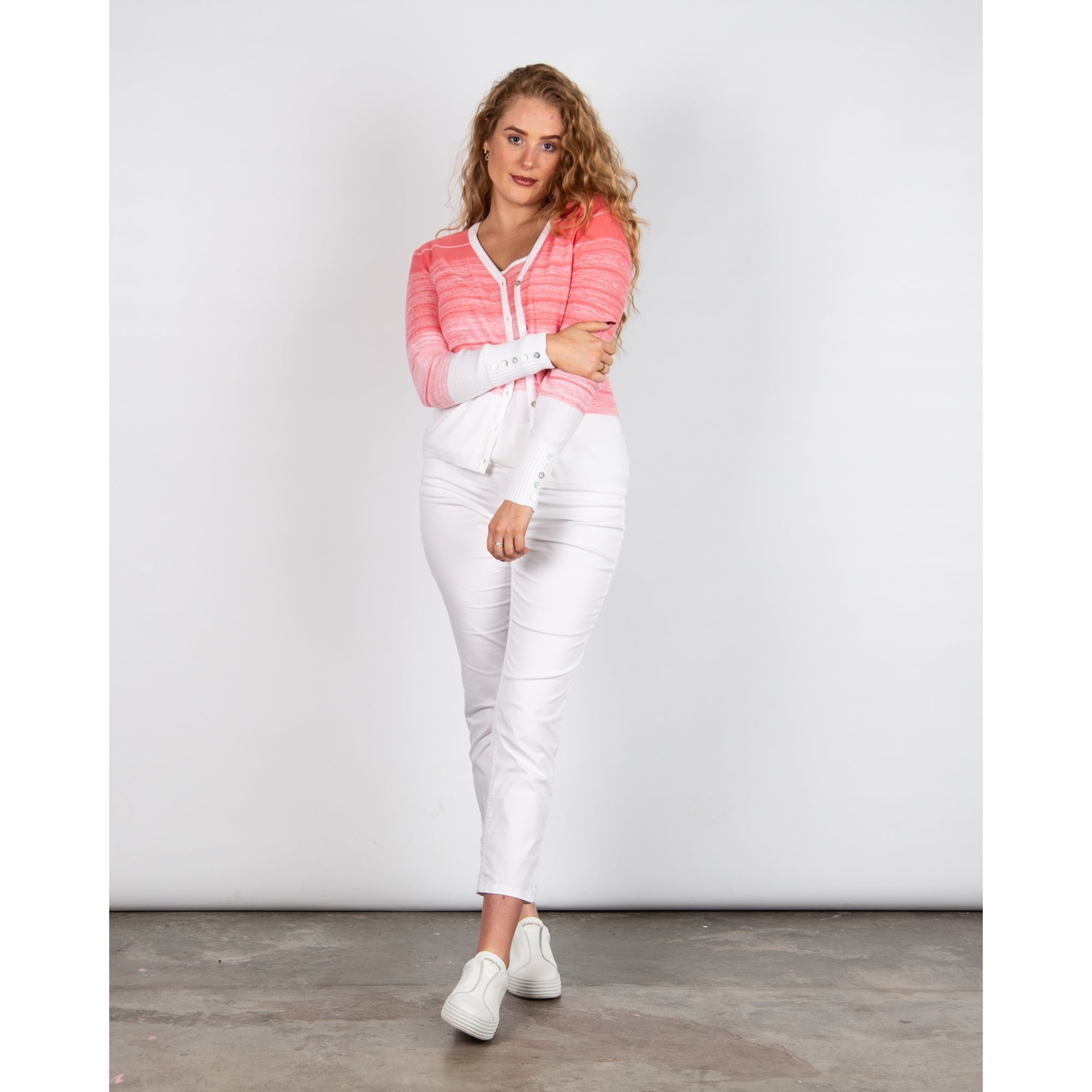 Marble Fashions Faded Stripe V Neck Waffle Knit Cardigan Coral/white 135