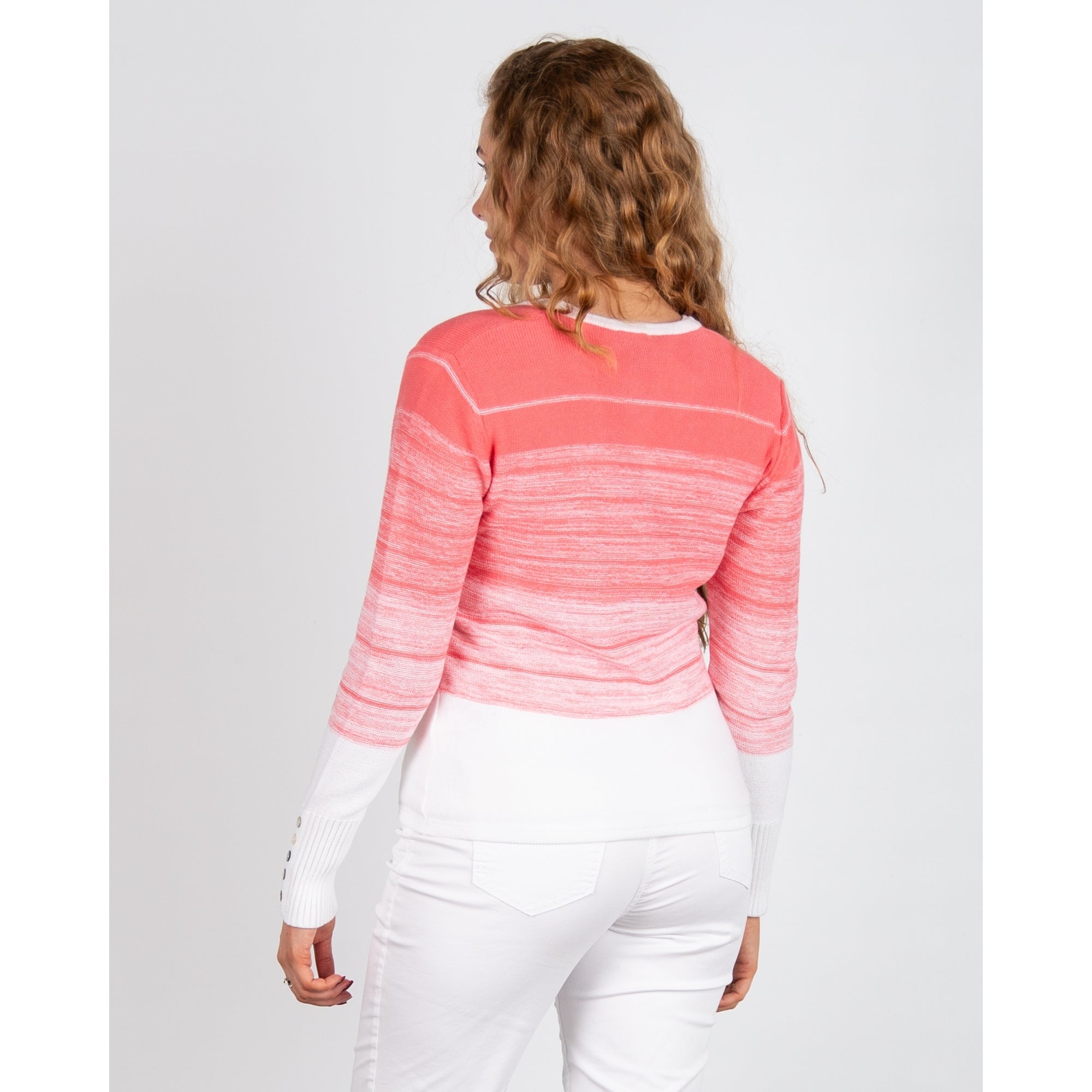 Marble Fashions Faded Stripe V Neck Waffle Knit Cardigan Coral/white 135