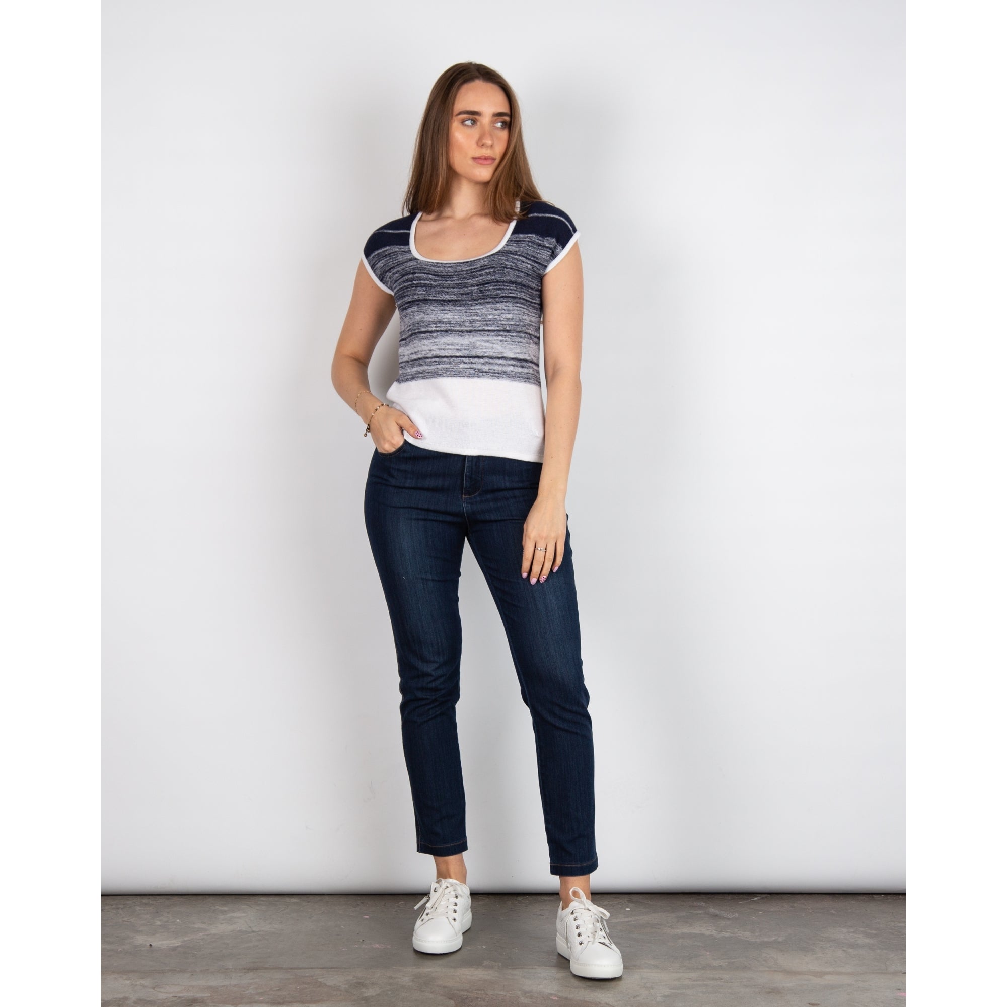 Marble Fashions Round Neck Shaded Stripe Top Navy/white 103