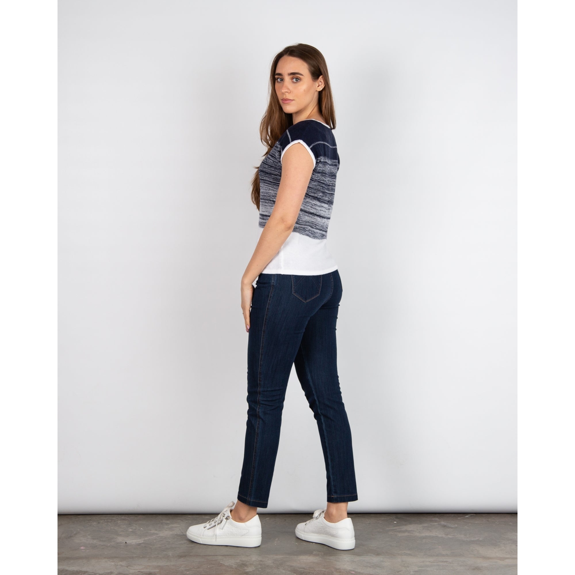 Marble Fashions Round Neck Shaded Stripe Top Navy/white 103