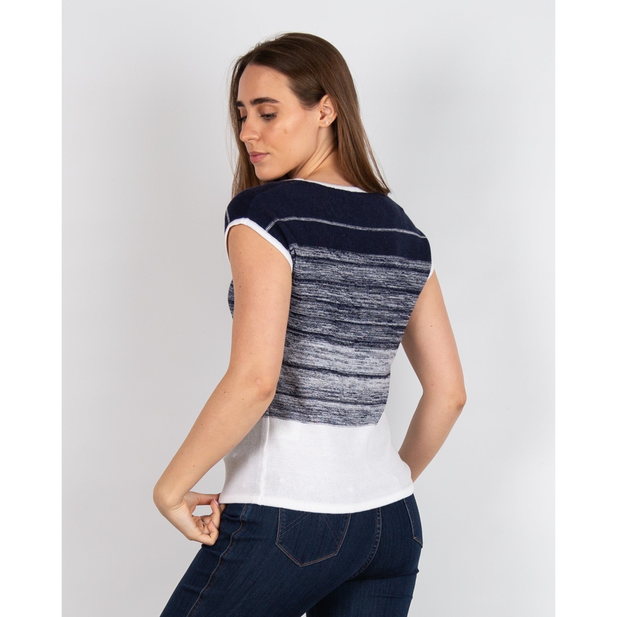 Marble Fashions Round Neck Shaded Stripe Top Navy/white 103