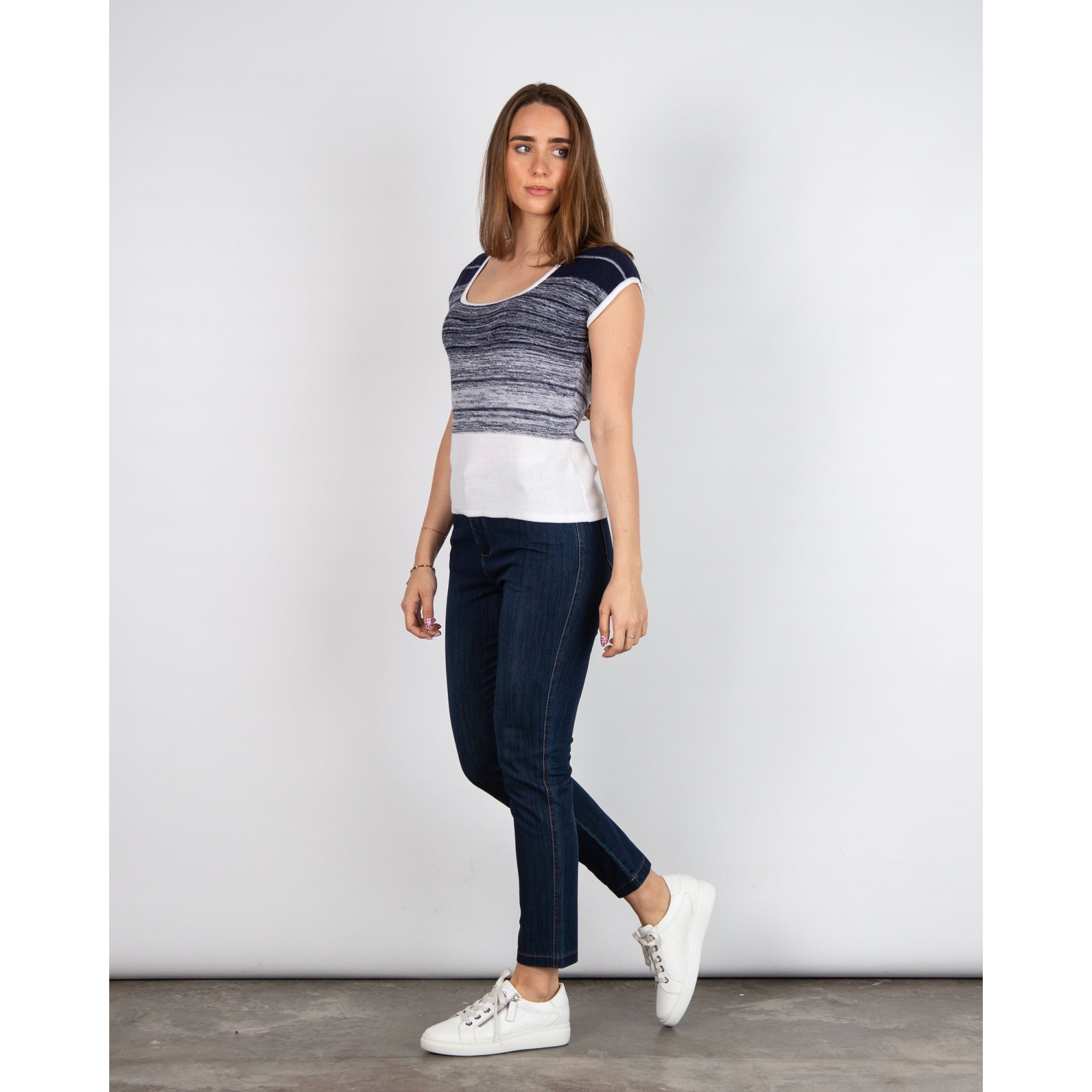 Marble Fashions Round Neck Shaded Stripe Top Navy/white 103