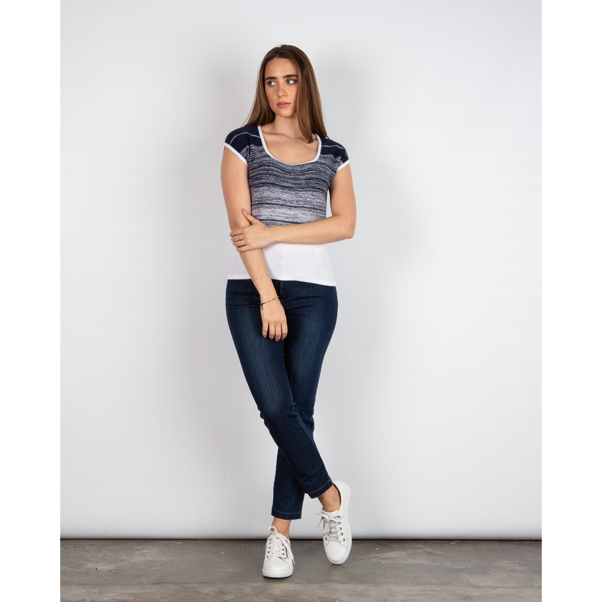 Marble Fashions Round Neck Shaded Stripe Top Navy/white 103