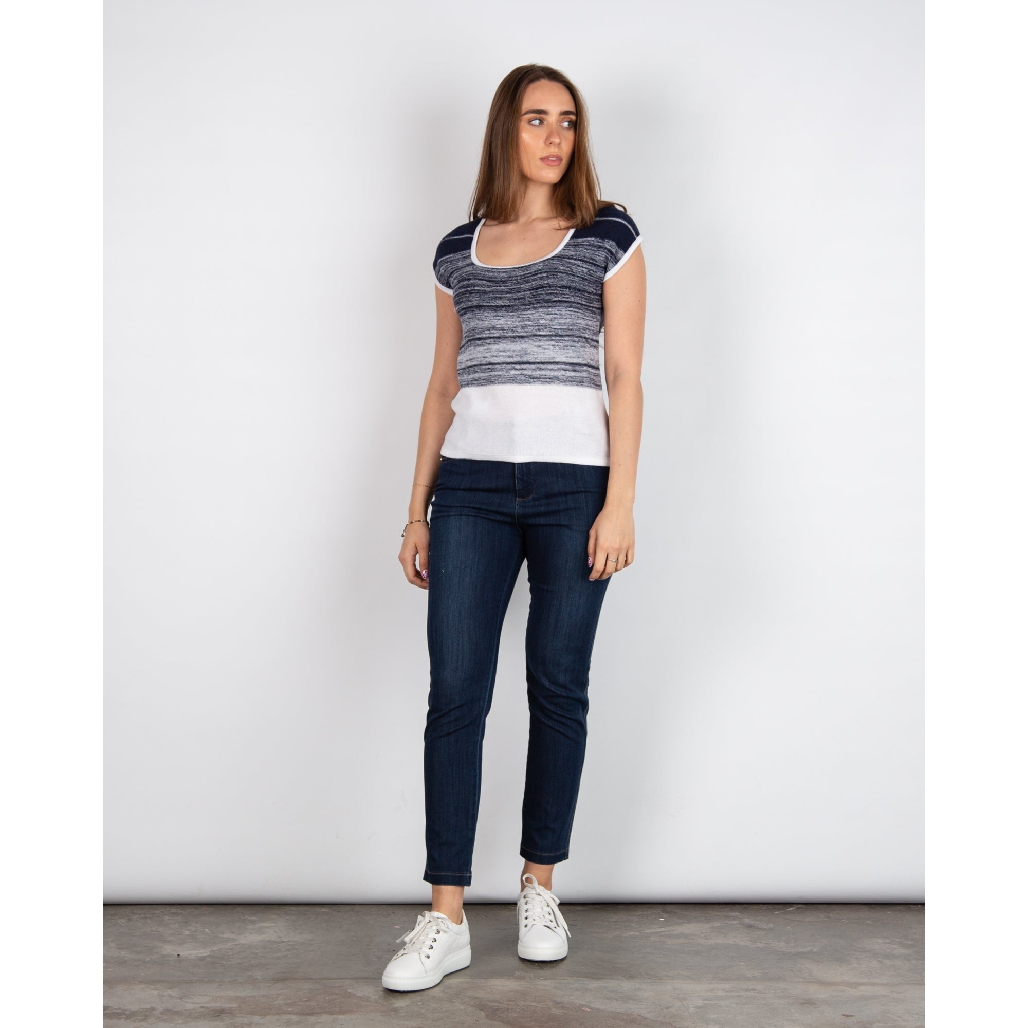 Marble Fashions Round Neck Shaded Stripe Top Navy/white 103