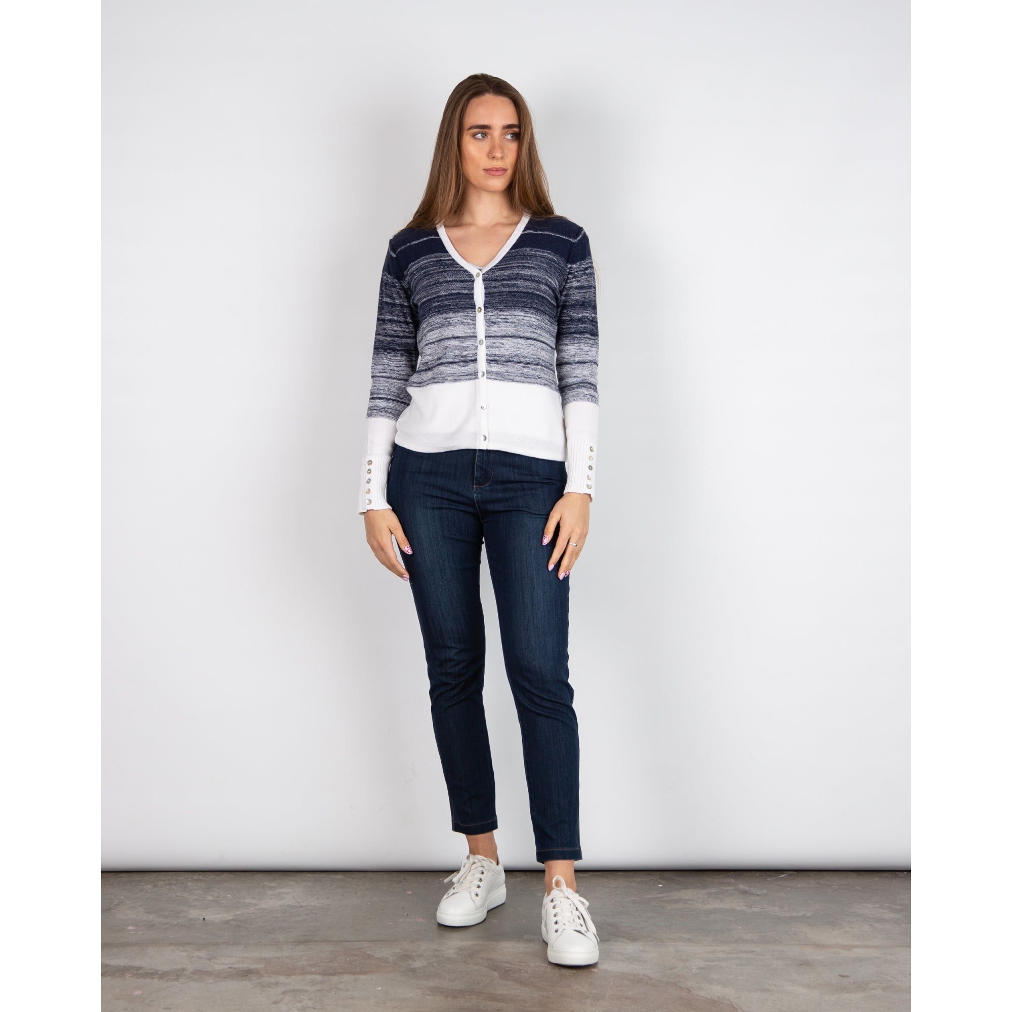 Marble Fashions Faded Stripe V Neck Waffle Knit Cardigan Navy/white 103