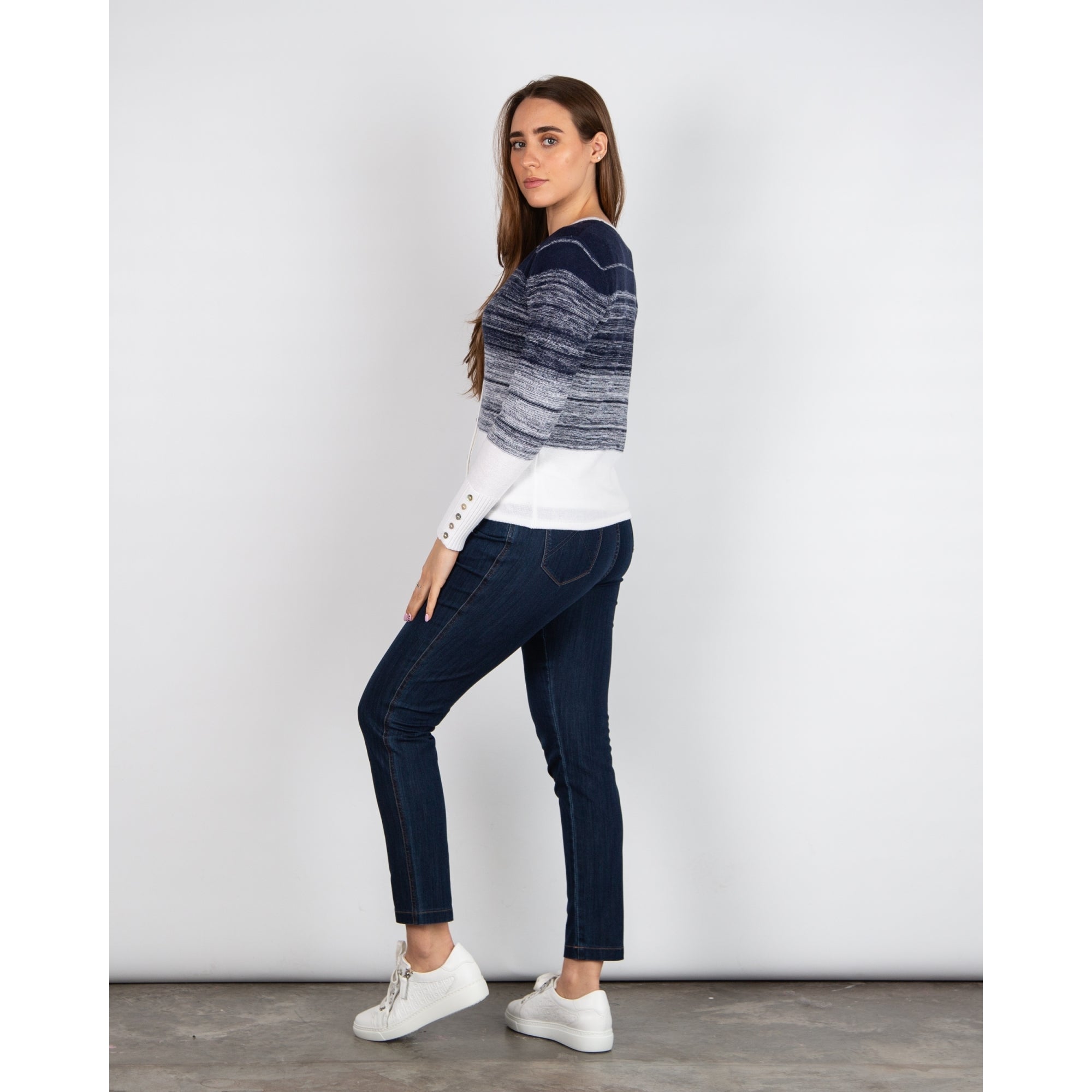 Marble Fashions Faded Stripe V Neck Waffle Knit Cardigan Navy/white 103