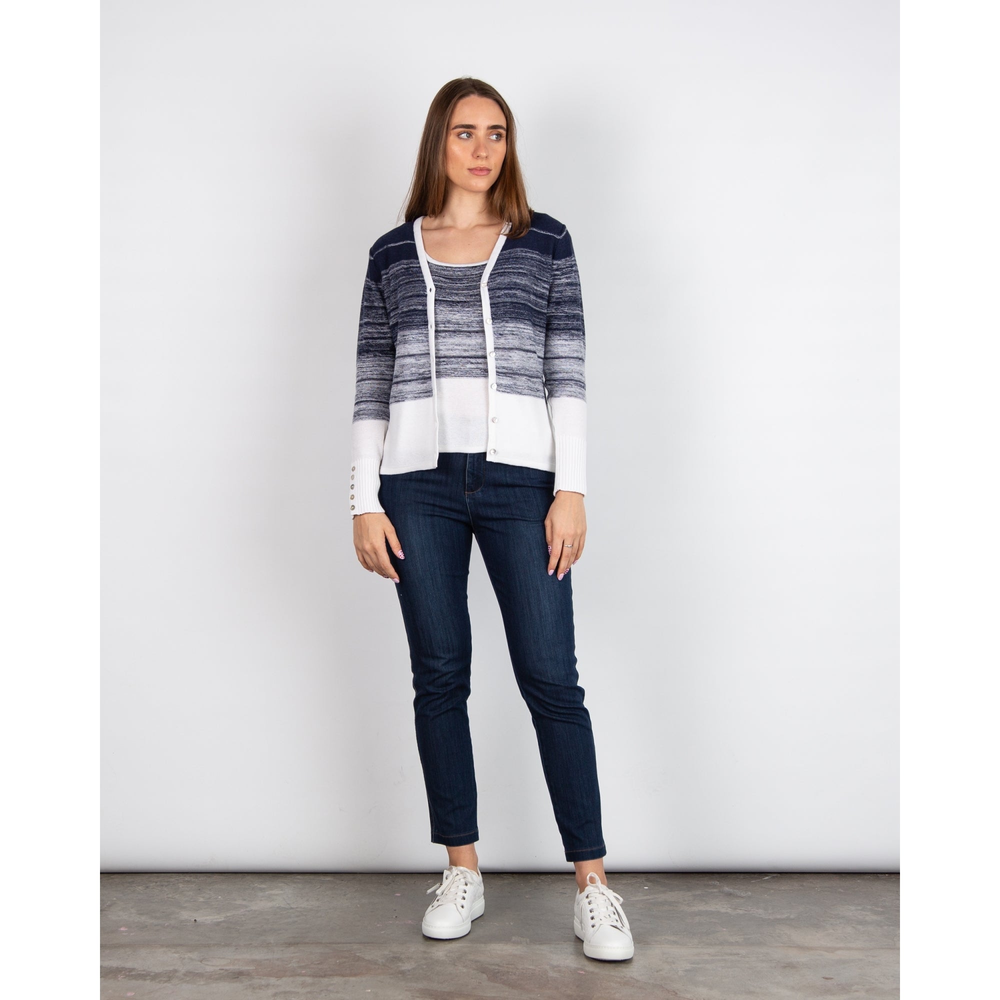 Marble Fashions Faded Stripe V Neck Waffle Knit Cardigan Navy/white 103