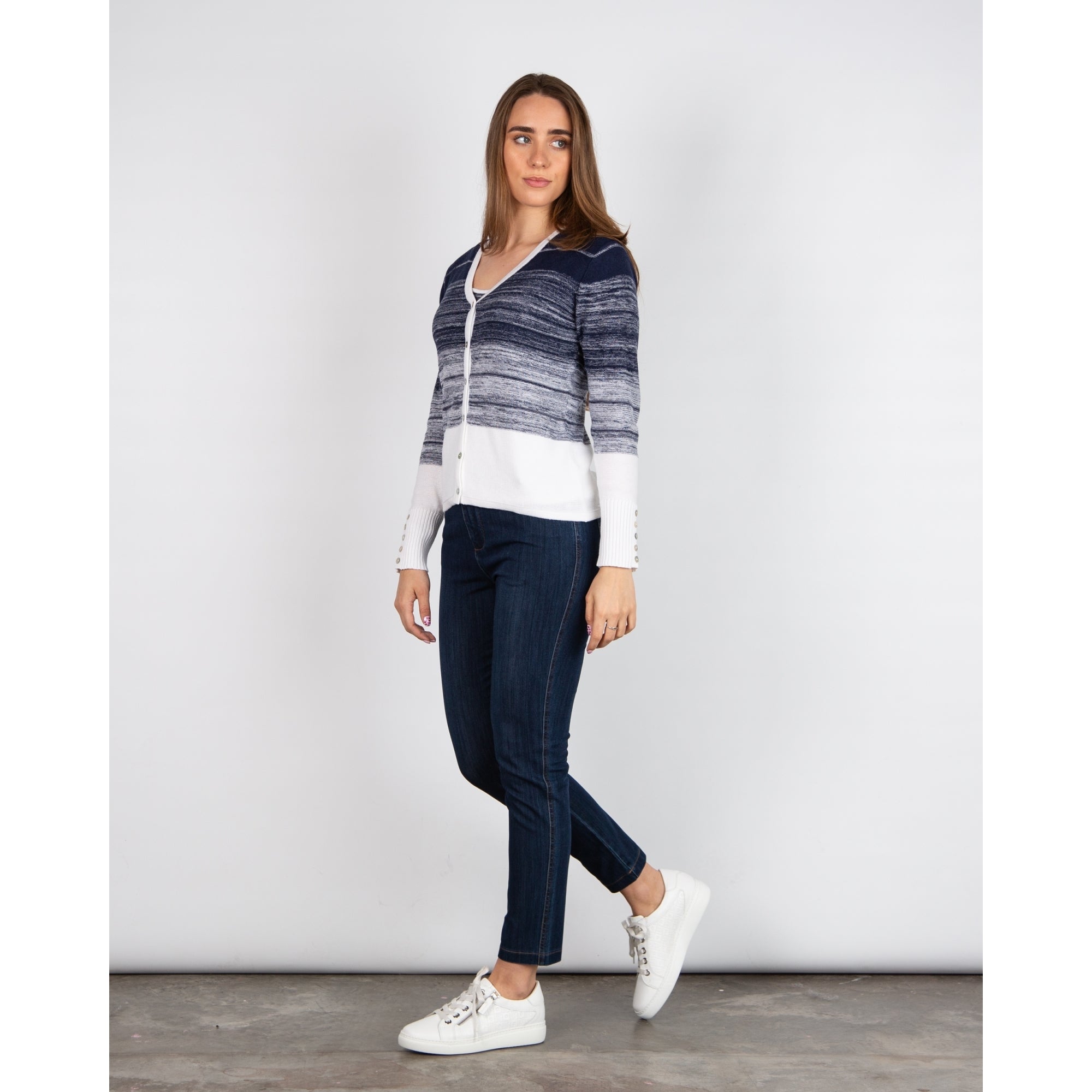 Marble Fashions Faded Stripe V Neck Waffle Knit Cardigan Navy/white 103