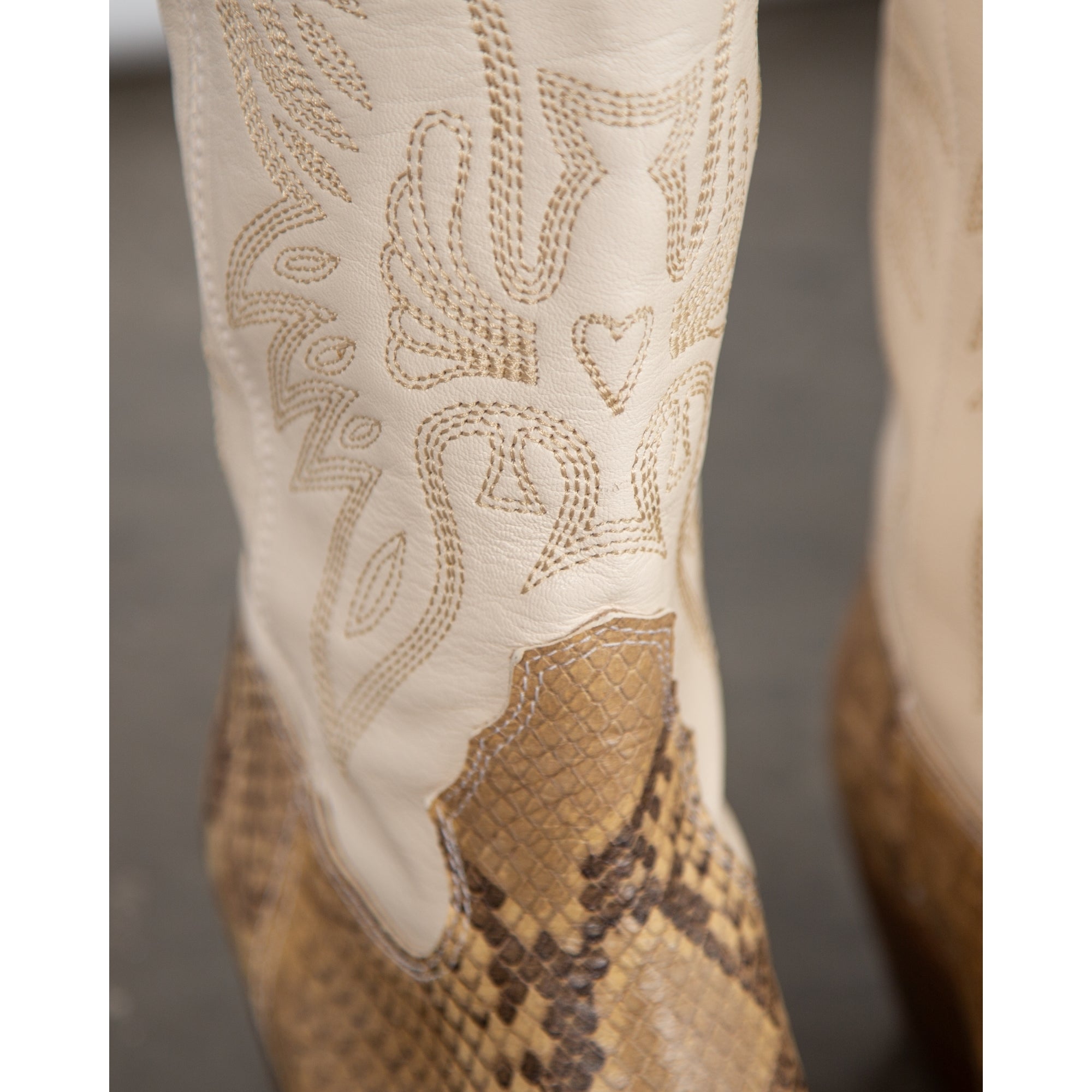 Alpe Mid Length Stitched Leather & Snake Cowboy Boots Cream/beige